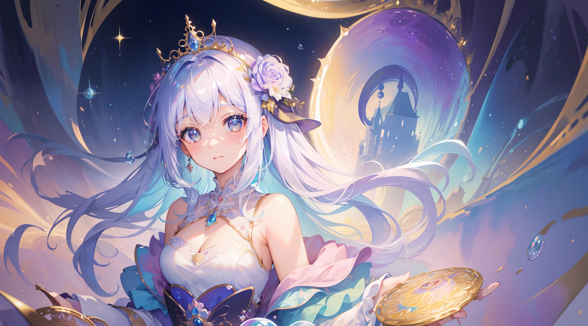 masterpiece, best quality, 8k resolution, sharp focus, intricate detail, beautiful girl, sparkling eyes, golden ratio face, otherworldly liquid, watercolor, ((pastel colors)), bright colors, whimsical, colorful, sharp focus, high resolution, fine detail, princess fantasy ballgown, ((round eyes)), iridescent bubbles, castle landscape in background
