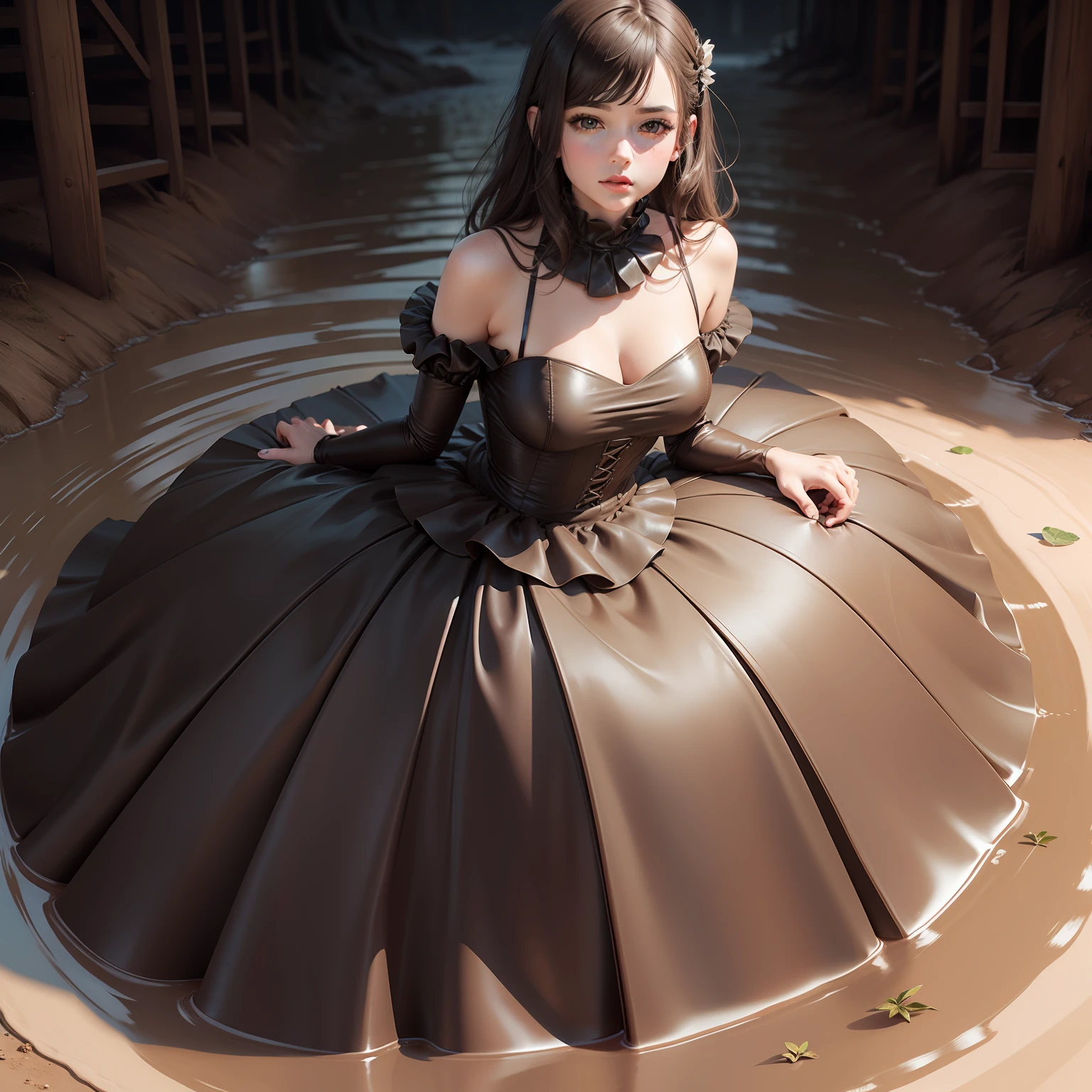 Leather pleated knee length ball gown, laying on back in mud