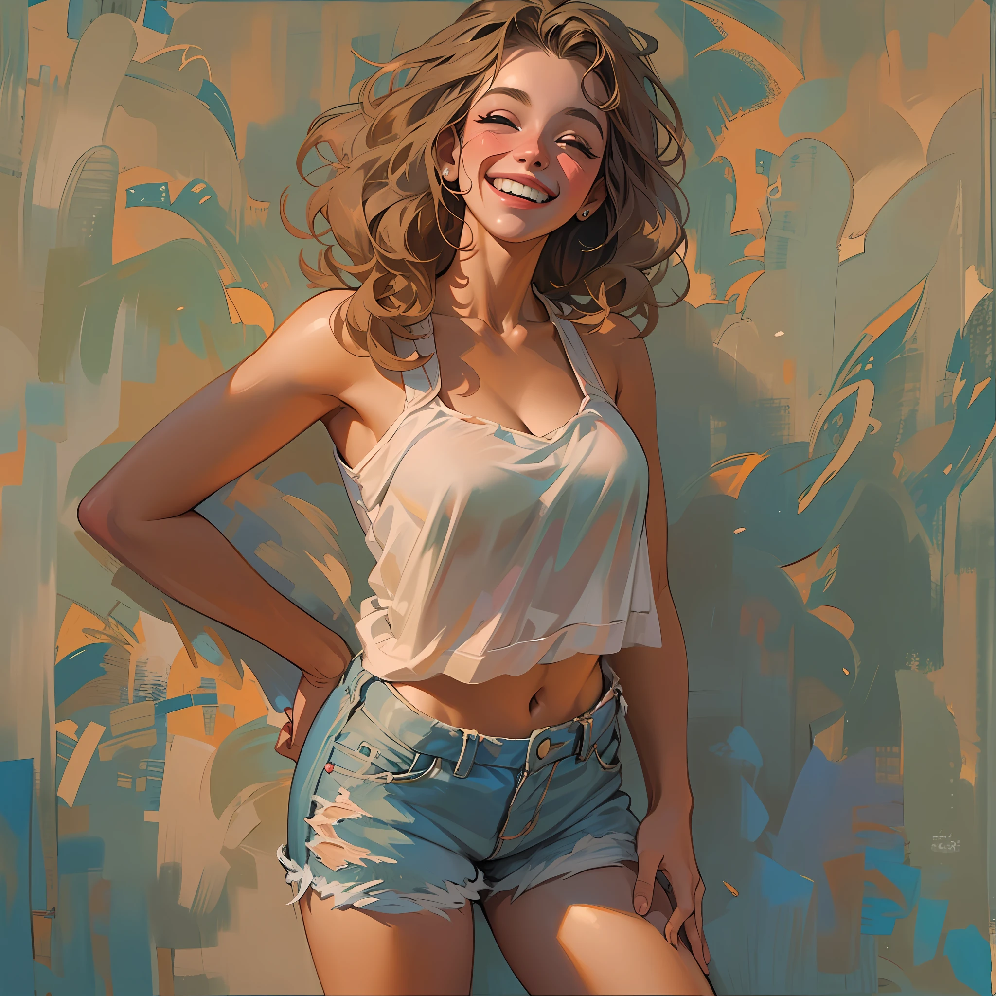 (melhor qualidade, obra-prima), (1girl, solo), sorriso, rindo, oceano, shorts, pelo escura, bronzeada, blush, olhando para o espectador, cabelo ondulado