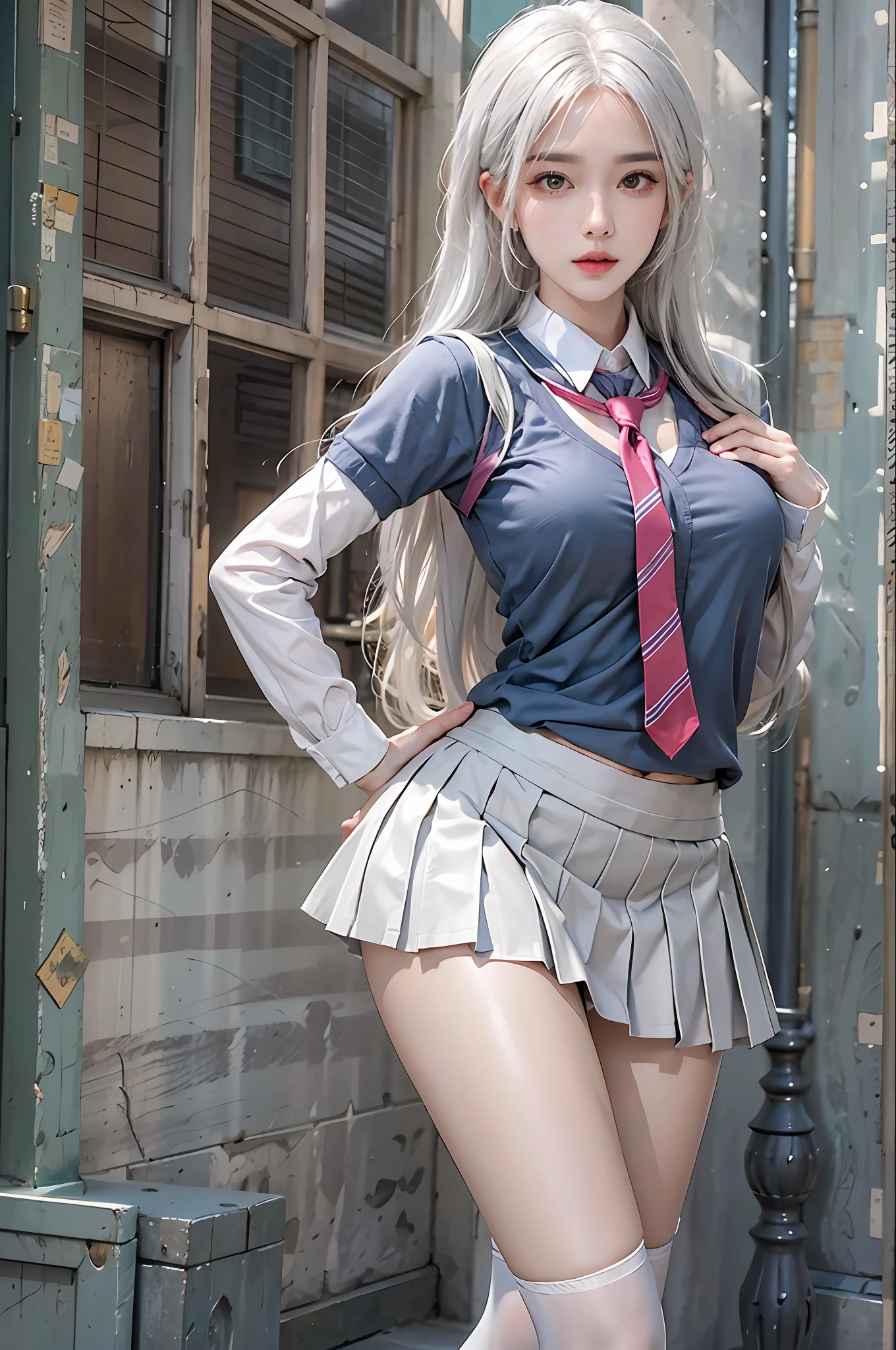 photorealistic, high resolution, 1women, solo, hips up, look at viewer, (detailed face), white hair, long hair, school uniform, skirt, stockings