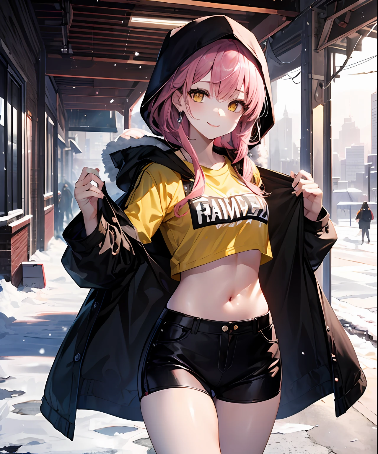 (​masterpiece、top-quality)、独奏、1womanl、Medium Hair、Pink hair、Yellow eyes、A smile、Navel dashi、T-shirt with navel、parka、Skin wiping action、White skin as clear as snow、Fantastical、Western-style cityscape