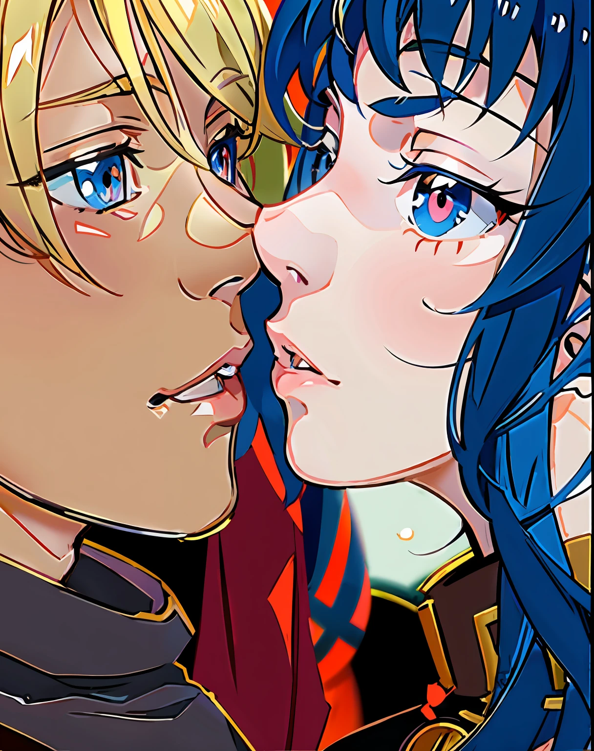 anime couple with blue eyes and blonde hair looking at each other, zerochan art, high quality fanart, kissing together cutely, made with anime painter studio, kiss, zerochan, lucina from fire emblem, fire emblem, ufotable art style, clear gaze, artist unknown, fate / stay night, digital anime art