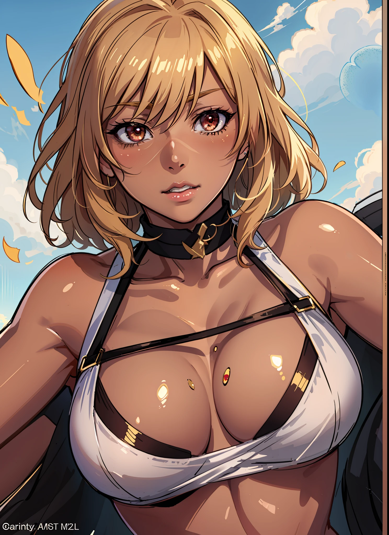 ((((An ultra-high picture quality、Fine-grained image quality、masuter piece、top-quality、Unusual look、Wearing underwear in a shirt、Long body、large full breasts、Brown skin color、Gold Hair、short-hair、Red ruby-like eyes、South Island、Blowing wind、Split abs))))、(((Very marked camel toe))),((((darkskin)))),((sun burn))、Realistic skin type、an anime girl、Detailed Digital Anime Art、A seductive anime girl、extremely detailed art germ、a hyperrealistic schoolgirl、Ilyakukvshinov、Smooth Anime CG Art、Ultra Realistic Woman、ig model、ArtGerm、photo-realistic anime girl、digital anime art