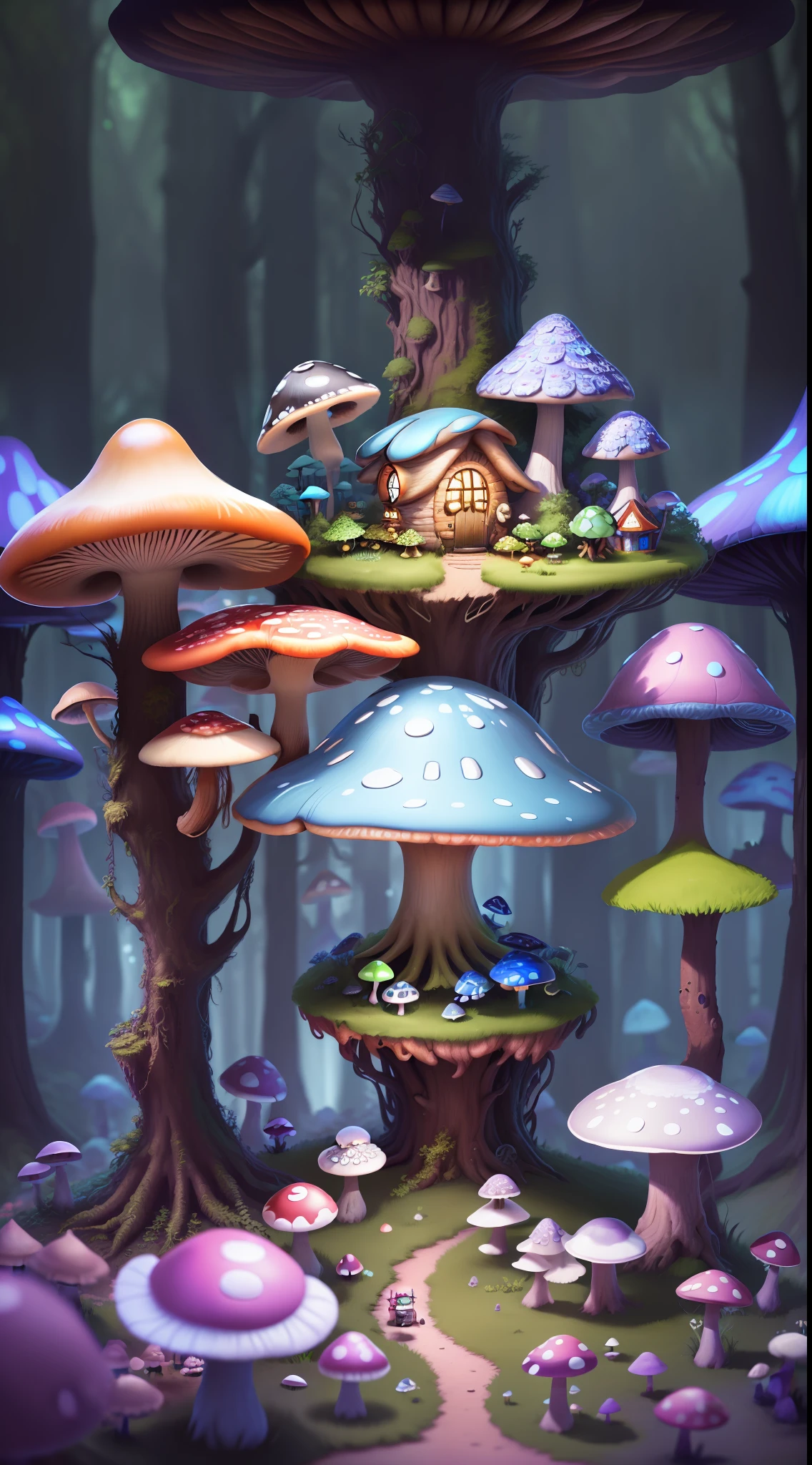 Close-up of a bunch of mushrooms in the forest, mushroom city, Mushroom forest, cyber mushroom city, mushroom house, forest made of mushrooms, mushroom trees, Stylized concept art, mushroom house, 3 d render stylized, Mushrooms are everywhere, Detailed digital 2D fantasy art, houses in the shape of mushrooms, magical fantasy 2 d concept art