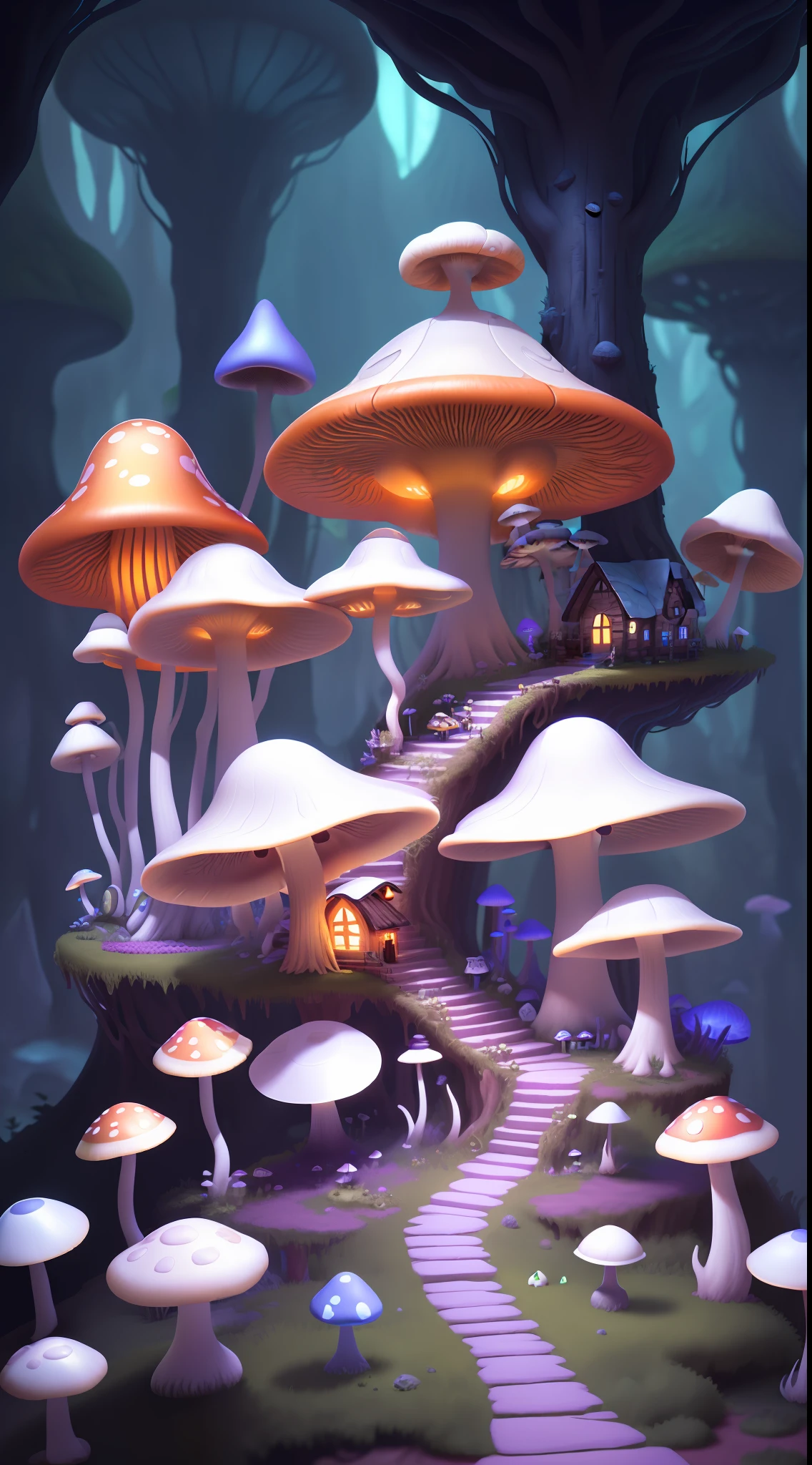 Close-up of a bunch of mushrooms in the forest, mushroom city, Mushroom forest, cyber mushroom city, mushroom house, forest made of mushrooms, mushroom trees, Stylized concept art, mushroom house, 3 d render stylized, Mushrooms are everywhere, Detailed digital 2D fantasy art, houses in the shape of mushrooms, magical fantasy 2 d concept art