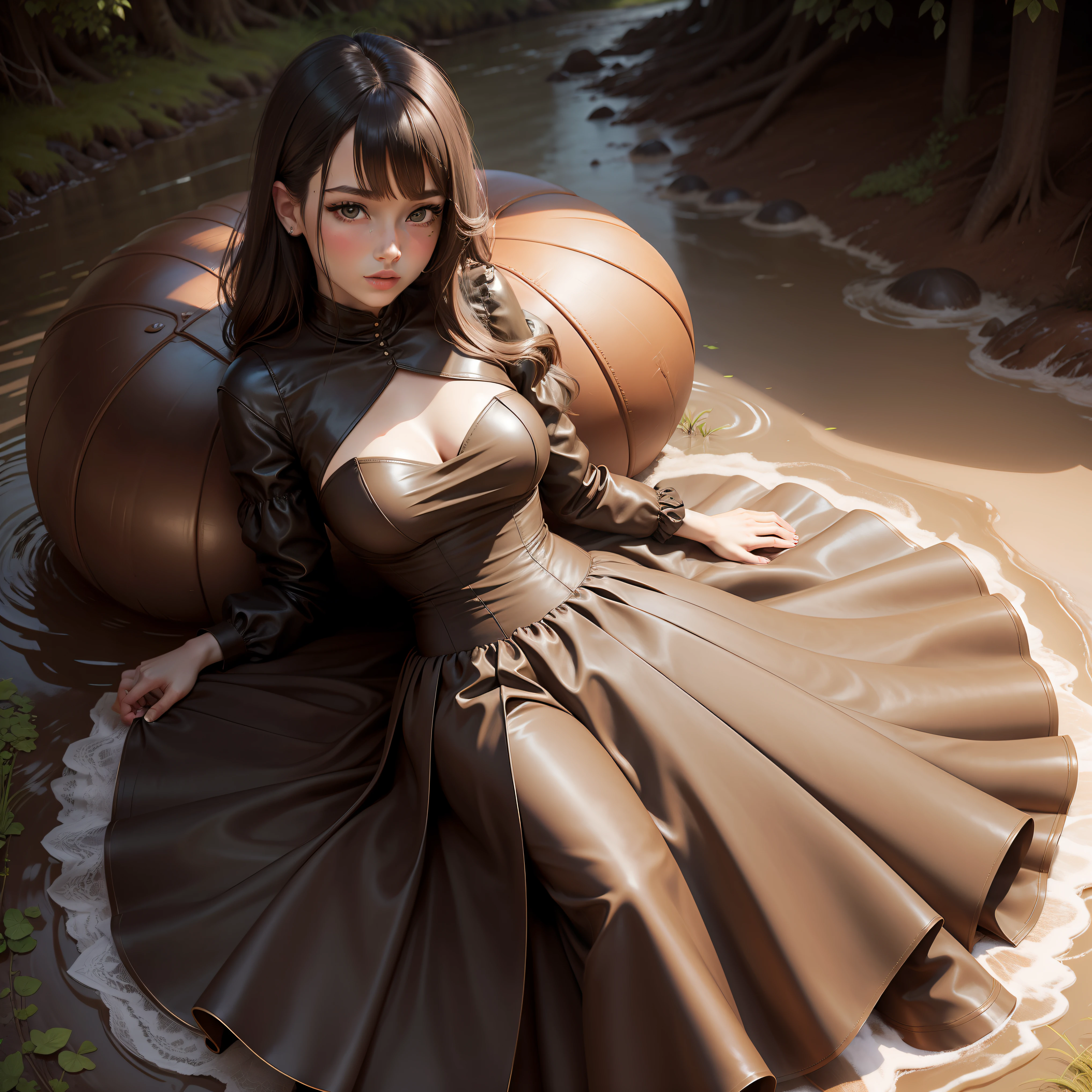 Leather pleated knee length ball gown, laying on back in mud