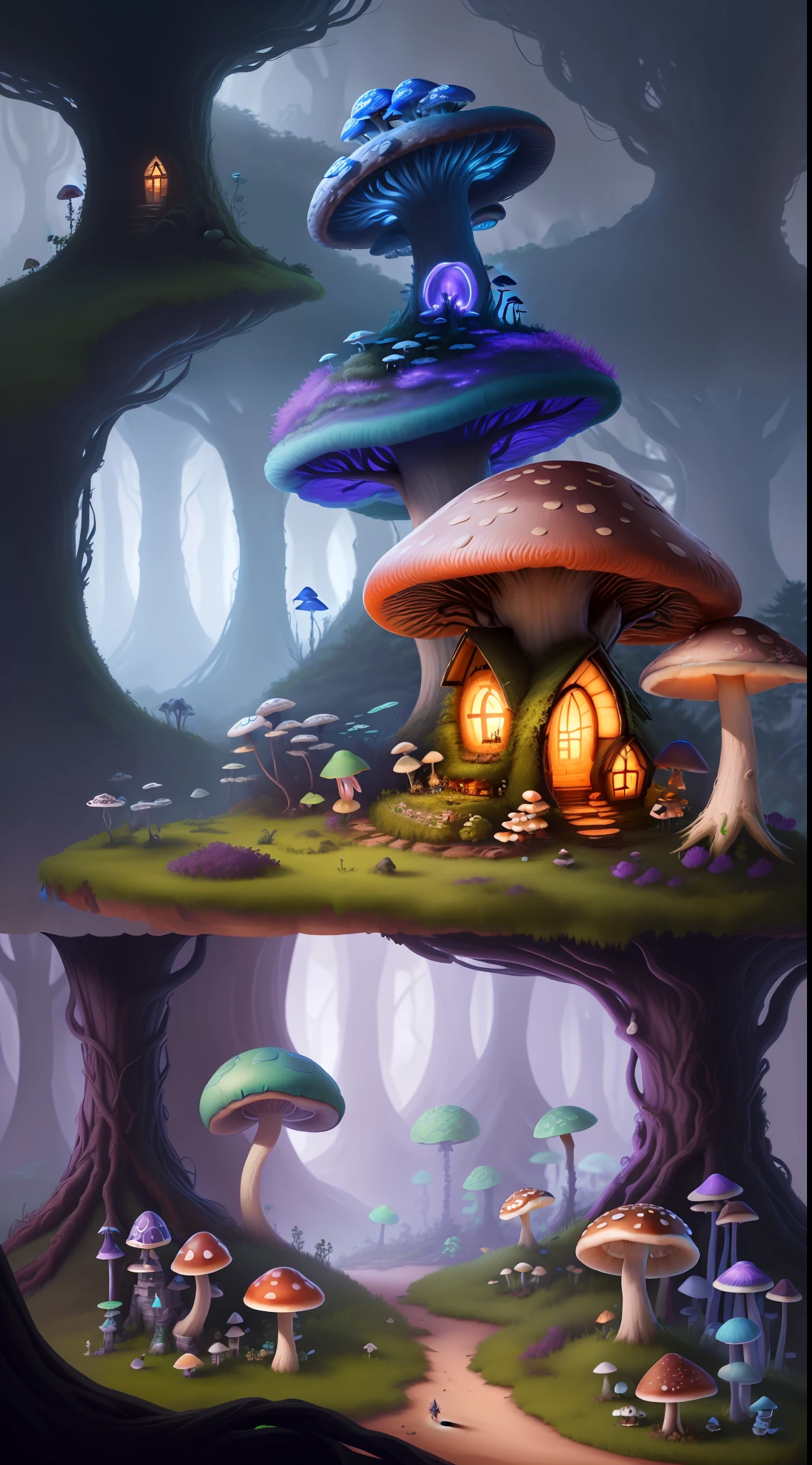 Close-up of a bunch of mushrooms in the forest, mushroom city, Mushroom forest, cyber mushroom city, mushroom house, forest made of mushrooms, mushroom trees, Stylized concept art, mushroom house, 3 d render stylized, Mushrooms are everywhere, Detailed digital 2D fantasy art, houses in the shape of mushrooms, magical fantasy 2 d concept art
