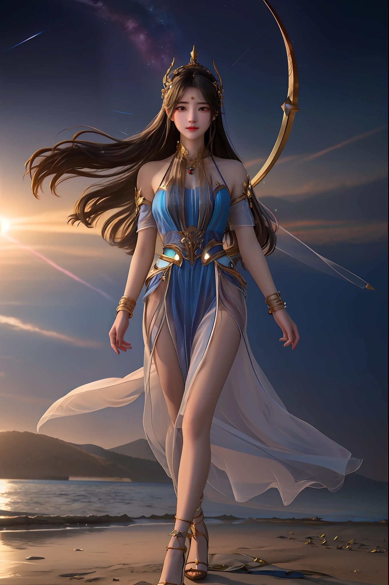 Under the deep and boundless cosmic starry sky，A goddess stood there，Her beauty and mystery are breathtaking。Her figure seemed so small in the starry night sky，But it exudes an indescribable grandeur。Her eyes sparkled like stars，Refracting the endless mysteries and beauty of the universe。

The goddess wore a tulle-like robe，the moonlight was shining on her body，Make her figure more dreamy。Her long hair flowed down her shoulders like a waterfall。，Sway gently with the wind，Like a river of stars rippling in the night sky。

Her hands gently raised a splendid planet。，It's like holding the entire galaxy in the palm of your hand。Her gaze traveled through time and space，Explore the endless mysteries of the universe。Around her，Countless meteors pierced the night sky，Like the hem of her skirt fluttering gently。

Against this magnificent backdrop，The face of the goddess is like the brightest star，Gentle and firm。She seems to control the life and death of the entire universe，But with compassion，Caring for all beings in the world。Her presence，Make the starry sky more captivating，Make the universe more mysterious。

Goddess of the universe under the stars，It represents the endless mysteries of the universe，It also carries the endless yearning of human beings。She is like a symbol of eternity，Always standing there，Guard the sea of stars。