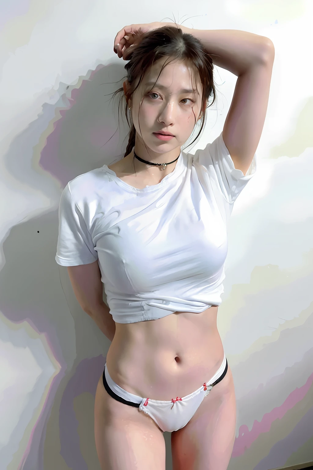 (8K:1.27)、top-quality、masterpiece、超A high resolution:1.2)、fully body photo、A dark-haired、braid ponytail、hands cuffed、submissive neck choker、 4k or 8k picture、looking disgusted、paisley bandana ribbon hairband、fully body photo、very sad face、Exposed thighs、White underwear、A face full of sadness、full of sweat、perspiring、full of sweat、sodden、Sad face、Tied up、Detained、is crying、Wrists are tied、Get on your knees、thick and beautiful thighs、White and beautiful skin、luslous skin、Sad face、White underwear、Embarrassing、Shy、Looks cold、Sad face、Inner Stock、Cat-ish、Like a cat、Cat's ears、Braids、Cats、Thin, White arm、de pele branca、raise both arm、flank、Show the armpits、Snow White underwear、piercings、a necklace、Wearing earrings、Kamimei、Detained、Handcuffed、bending forward、Show the armpits、Exposed armpits、Sweating、watery、White and beautiful arms、thin and long arms、