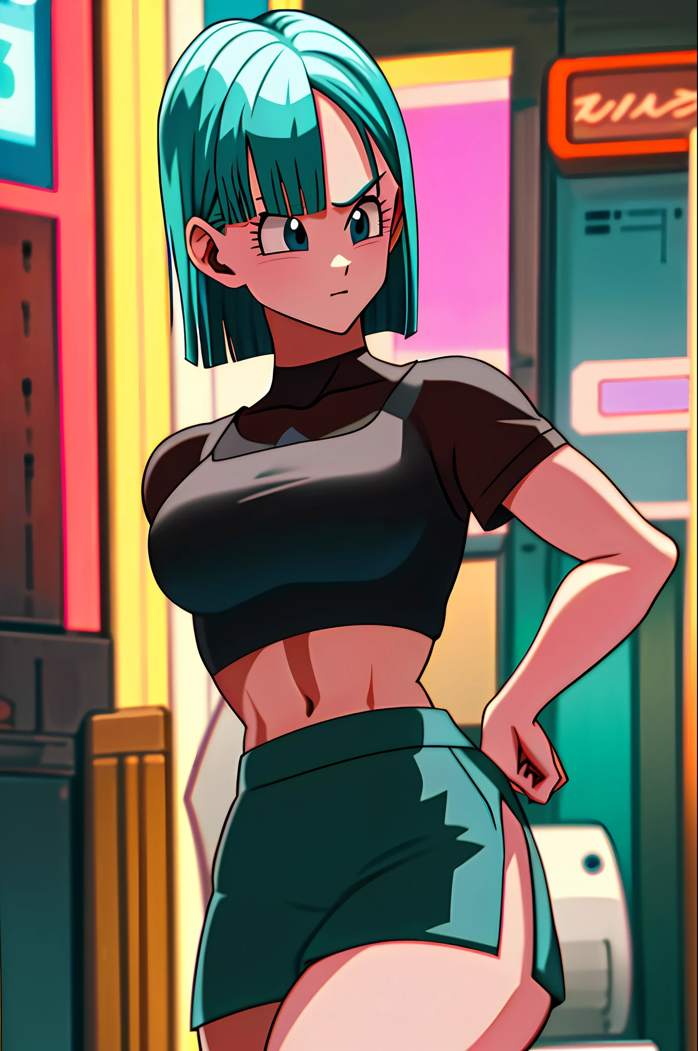 masterpiece, best quality, highres, dragon ball, blmmid, ((aqua hair)), medium hair, blunt bangs, red hair band, medium breasts, white shirt, black skirt, cowboy shot, in a Cyberpunk city, bustling with neon signs, standing, upper body, ((midriff)), ((sexy)), (busty),