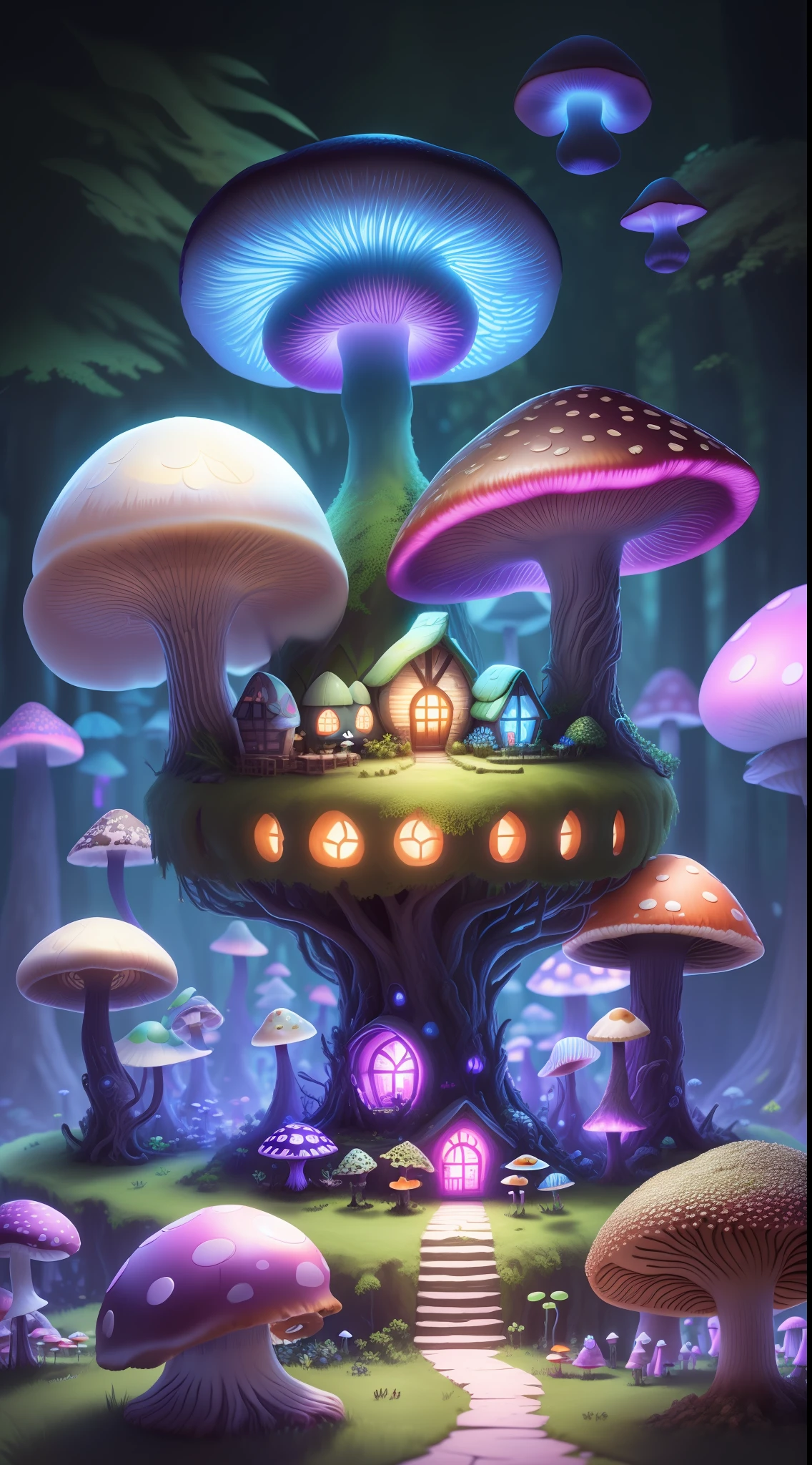 Close-up of a bunch of mushrooms in the forest, mushroom city, Mushroom forest, cyber mushroom city, mushroom house, forest made of mushrooms, mushroom trees, Stylized concept art, mushroom house, 3 d render stylized, Mushrooms are everywhere, Detailed digital 2D fantasy art, houses in the shape of mushrooms, magical fantasy 2 d concept art