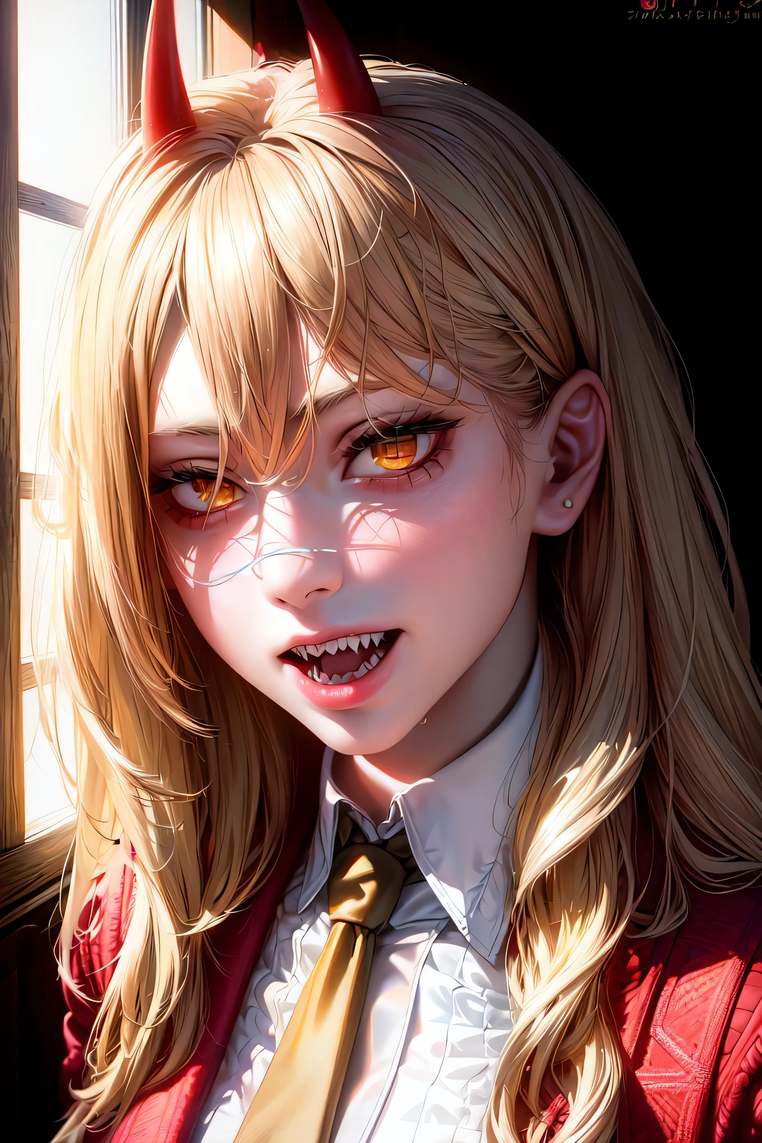 ultra realistic 8k cg, , masterpiece, (ultra detailed background, delicate pattern, intricate detail, highly detailed, fine details), best quality, (photorealistic:1.4),beautiful lighting, absurdres, RAW photo, film grain, Power, 1girl, horns, solo, teeth, sharp teeth, open mouth, cross-shaped pupils, long hair, yellow eyes, ((blonde hair, small breasts)), red horns, jacket, (complex detailed background, inside, kitchen environment, room, table, food, window, sunny, close-up, portrait), (((cross-shaped pupils, symbol-shaped pupils))), white shirt, pants, collared shirt, black necktie, blue jacket,