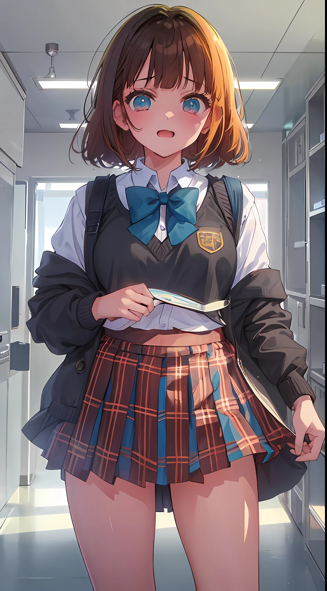 Main girl is beautiful and cute, full body, full body illustration, best illustration, elementary school student, realistic and elaborate uniform, high school uniform, ((highest quality)), ((masterpiece)), (detail: 1.4), anatomical, award-winning concept art, beautiful, fine details, portrait, look viewer, (full body view)), 1 girl, full body, solo, , elementary school student, child actor, golden and brown hair, short hair, Blue and pink eyes, big eyes, dark brown blazer, maroon sweater, checked skirt, dark green and maroon skirt, black hiso, orange large ribbon, white blouse, underwear, panties, skirt, white panties, wet, shirt, wet clothes, skirt lift, blush, classroom, navel,lift below chest, clothes lift, easy background, lifting clothes, Uniform, Japan cute school uniform, blazer, look away, short sleeve, loli, skinnlementary, loli, baby facete, young appearance, fantastic visual depiction, professional effect, beautiful girl, petite girl, sweaty transparent clothes, uneven, absurdity, heel up loafers,golden and brown hair, main girl is beautiful and cute