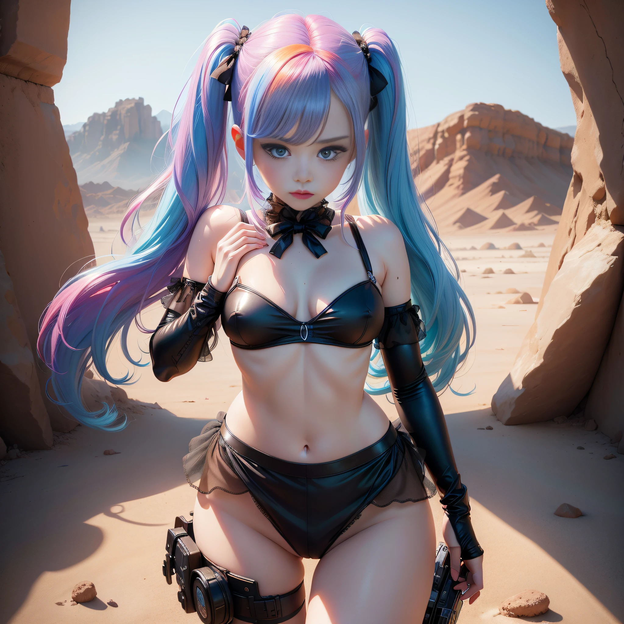 1 girl, solo, (nsfw), cute redhead 18-year-old girl in twin tails, ((perfect female body)) multiple (rainbow colored hair: 1.2), (beautiful detailed blue eyes: 1.6), (photo realistic eyes: 1.6), happy, Ukrainian, petite, pale skin, wearing a ((sheer)) ((see through)) pastel blue (playboy bunny) outfit, frilly edges, frilly, shiny pantyhose, post apocalyptic background, bleak barren desert, photo realistic.