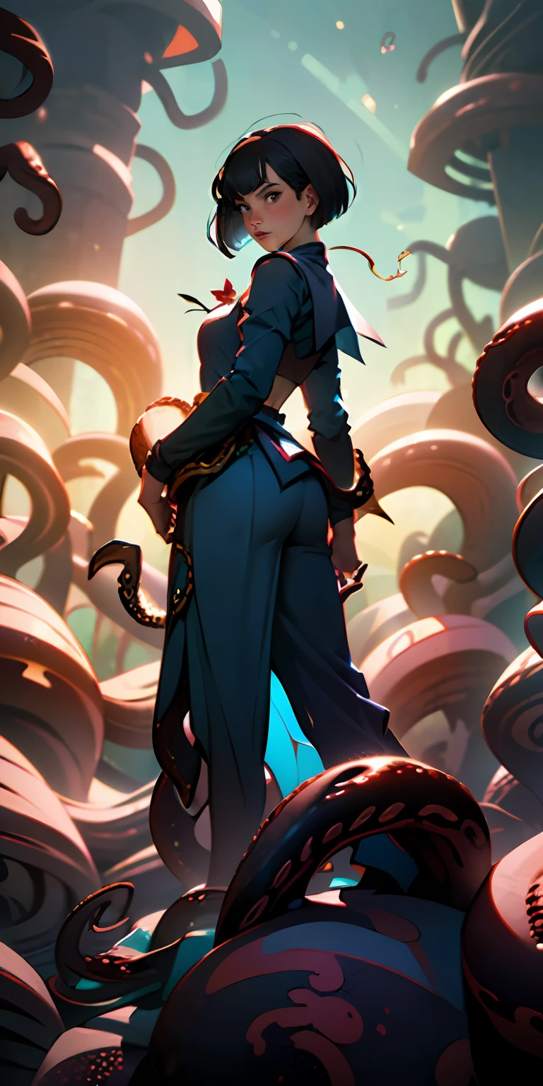(best quality, masterpiece), 1girl, 12 year age, samurai sword, (((dark blue costume))) ((red ribbon)) ((very short bobcut hair)) jet black hair, particle, wind, looking at viewer, classic school sailor costume, thin body, (((tentacle demon in background))), backlighting, ((whole body)), pose, dark alley