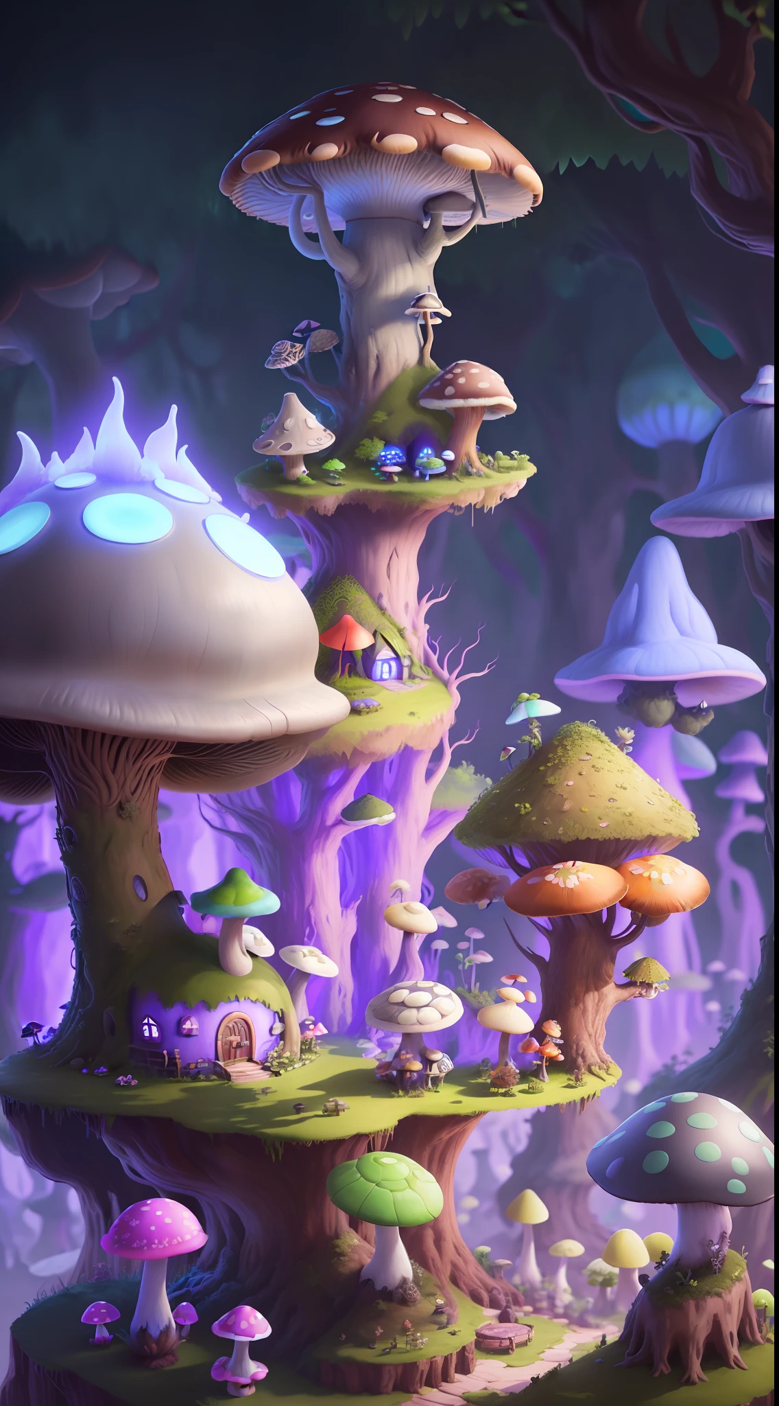 Close-up of a bunch of mushrooms in the forest, mushroom city, Mushroom forest, cyber mushroom city, mushroom house, forest made of mushrooms, mushroom trees, Stylized concept art, mushroom house, 3 d render stylized, Mushrooms are everywhere, Detailed digital 2D fantasy art, houses in the shape of mushrooms, magical fantasy 2 d concept art