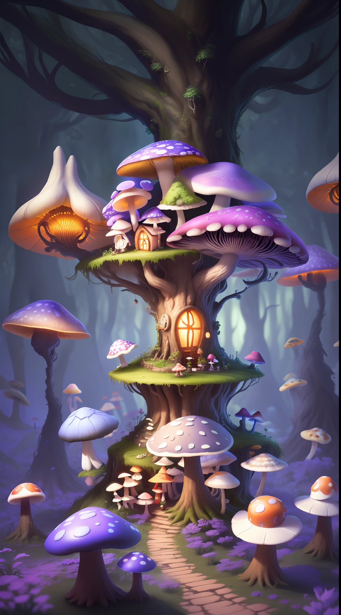 Close-up of a bunch of mushrooms in the forest, mushroom city, Mushroom forest, cyber mushroom city, mushroom house, forest made of mushrooms, mushroom trees, Stylized concept art, mushroom house, 3 d render stylized, Mushrooms are everywhere, Detailed digital 2D fantasy art, houses in the shape of mushrooms, magical fantasy 2 d concept art