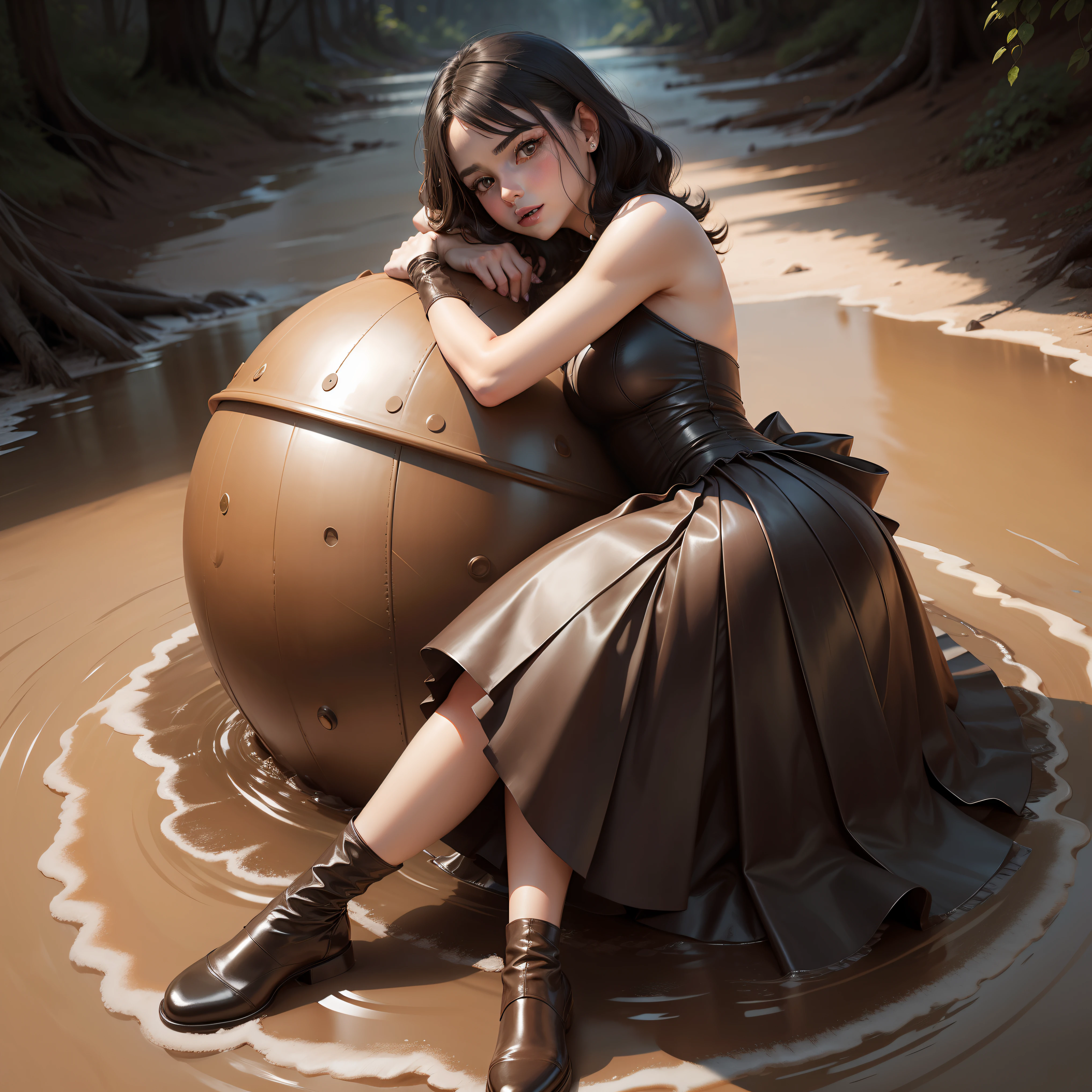 Leather pleated knee length ball gown, laying on back in mud
