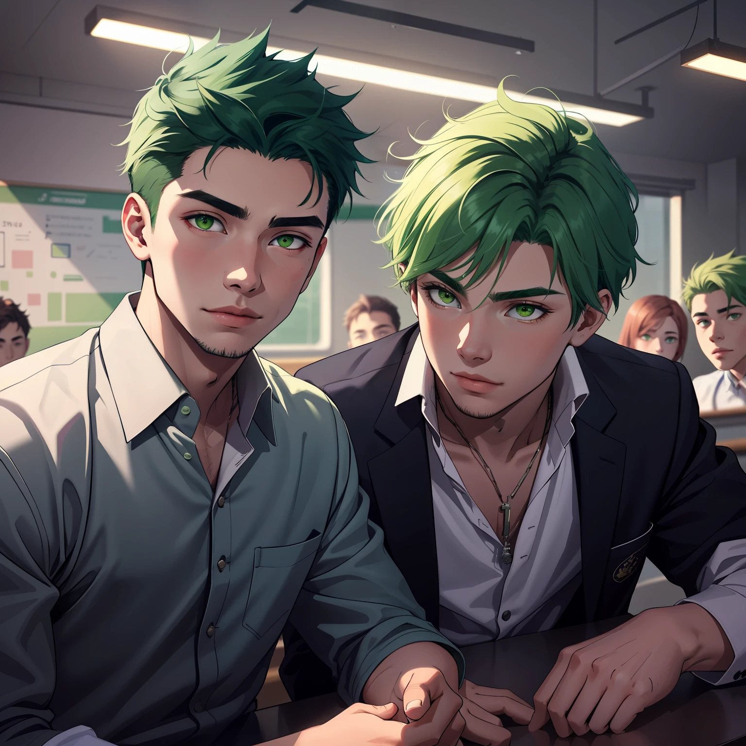 Two -yeld tege friends with Latin skin and bright green hair light green eyes at school are talking about an important topic are friends almost like brothers.de fondo se ve una hermosa ciudad moderna y plateada......