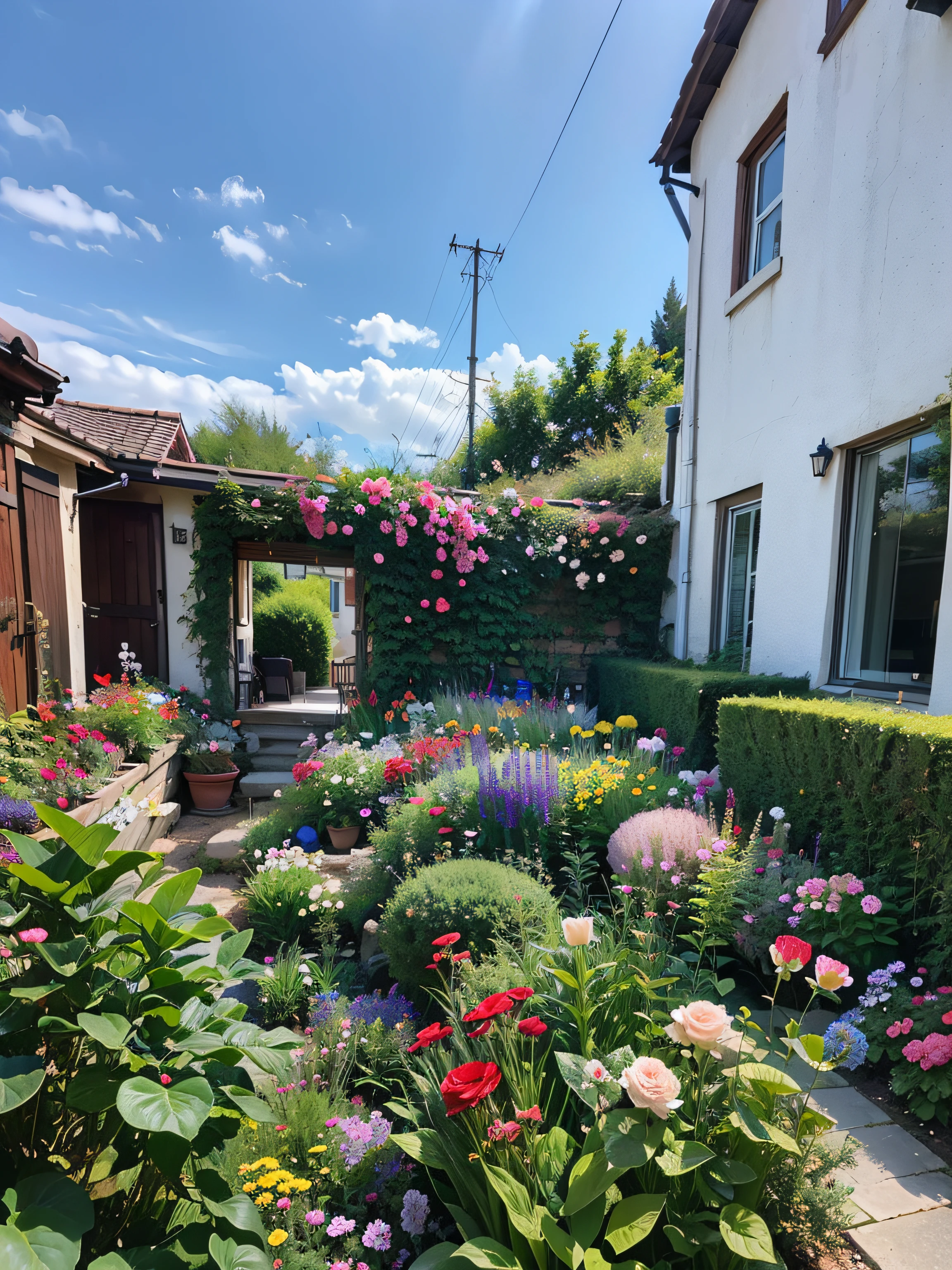 There is a garden,There are a lot of flowers in it, in a cottagecore flower garden, cottagecore flower garden, lush garden in the background, garden with flowers, Lush outdoor flowers, Rose garden, cottagecore!!, Lush garden setting, With French garden, Lots of plants and flowers, with a garden, flower garden summer morning