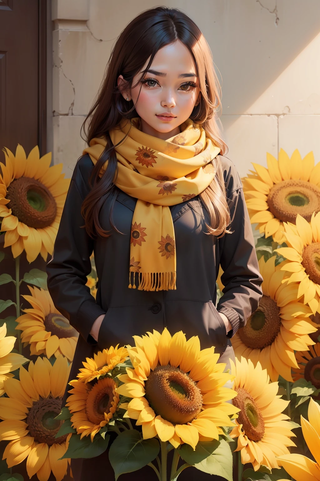 Design a large-scale floral pattern for the scarf, showcasing vibrant sunflowers against a warm golden backdrop."