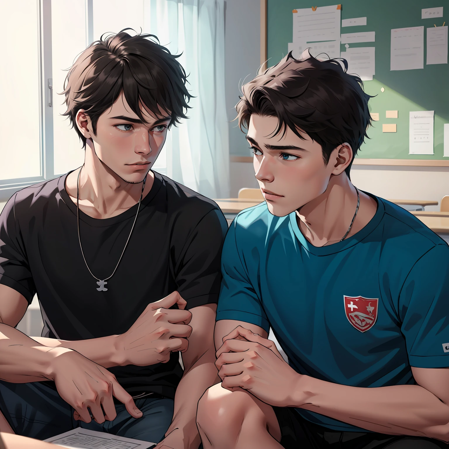 Two -yeld tege friends chatting at school share a secret that they are almost friends like siblings.. (usar los mismo personajes)