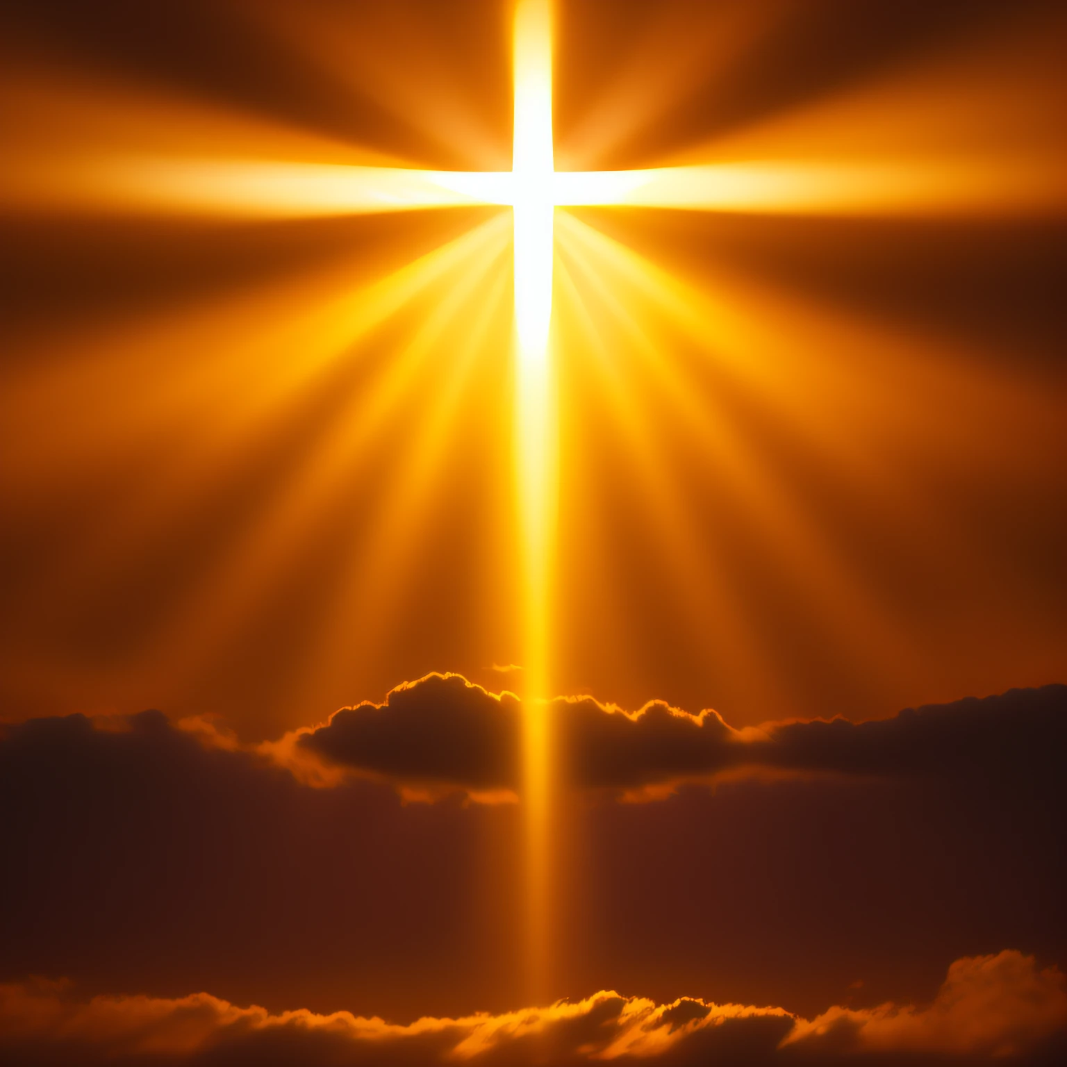 O sol nascente com raios de luz brilhantes em forma de cruz, representando a "Luz Salvadora" que traz um novo amanhecer, warm, bright colors to represent sunshine and the feeling of salvation, Um gradiente suave de amarelo dourado na parte superior, fundindo-se em tons de laranja na parte inferior. This transition symbolizes the sunrise, representing a new dawn and the hope brought by the light of Christ, The rising sun will be positioned in the center of the logo, with an intense yellow color and a lighter glow at its core to emphasize power and light, The sun's rays will be stylized in wavy lines, irradiando-se do centro do sol para todos os lados. They will be represented in bright golden colors to symbolize divine light, The cross will be in the center of the sun, perpendicular aos raios, formando uma cruz de luz brilhante. The color of the cross will be pure white, destacando-se em contraste com o fundo quente, Pequenas nuvens em tons suaves de branco podem ser posicionadas estrategicamente ao redor do sol, symbolizing the heavenly sky and the divine presence, Um brilho suave pode ser adicionado ao redor do sol e dos raios para simbolizar a natureza espiritual