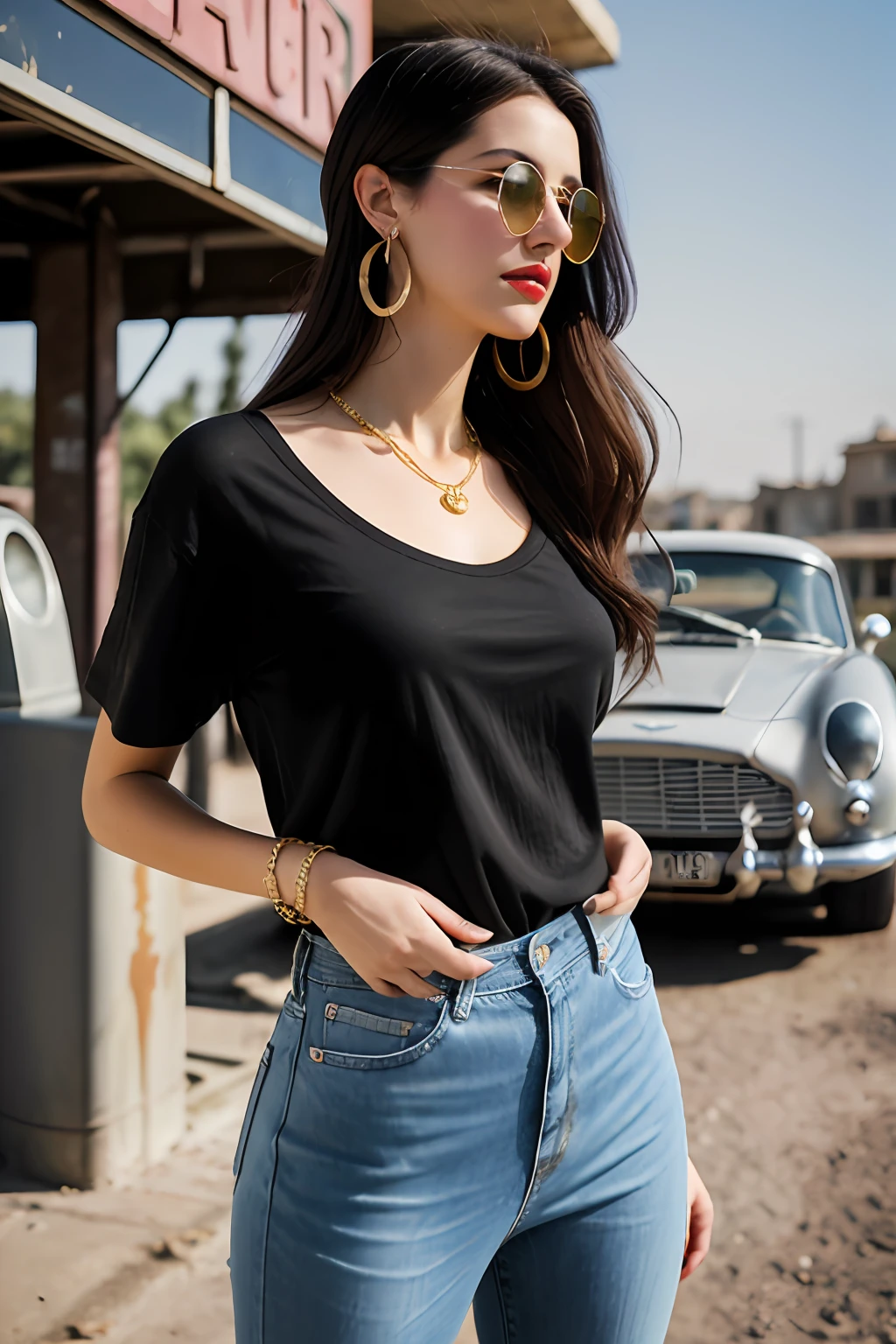 (RAW photo, realism: 1.8), (dark lip gloss, dull lipstick, many eyelashes, black eye shadow, shy, blushing, high quality, high resolution, depth of field, chromatic aberration, caustic, wide light, natural colors, 30 year old woman), in vintage dark sunglasses, thin gold chain, small earrings, gold bracelets, wear many accessories, large breasts, style a seriousness, ((Best Quality, 8k, Masterpiece:1.3)), Focus: 1.2, Perfect Body Beauty: 1.4, Arabian 30 years old woman: 1.2, (long weavy black hairs)), (Black baggy basic tee-shirt:1.1), Black Basic round neck full body length tee-shirt, Blue damage style skinny jeans, low rise jeans, long jeans: 1.1, Highly detailed face and skin texture, Detailed eyes, Double eyelids, toned body, Whitened skin, minor smile, large breasts, toned firm breasts, long heel's, standing at old gas station, perfect feet's, toned firm legs, whitened skin, detailed sharp eyes and face, middle eastern woman, full length baggy basic tee-shirt, Black plain Baggy Tee-shirt, toned hips, 8K UHD, thin gold chain in neck, model looks, wearing wrist watch, bracelet, bangle's open legs style Posing, daylight, dusty and sunny, standing at ruined city, dusty atmosphere, full body shot, heel's, sunlight raises on background, standing near old gas station with old vintage car ((Aston Martin DB5 1964)), eyes cover with dark sunglasses