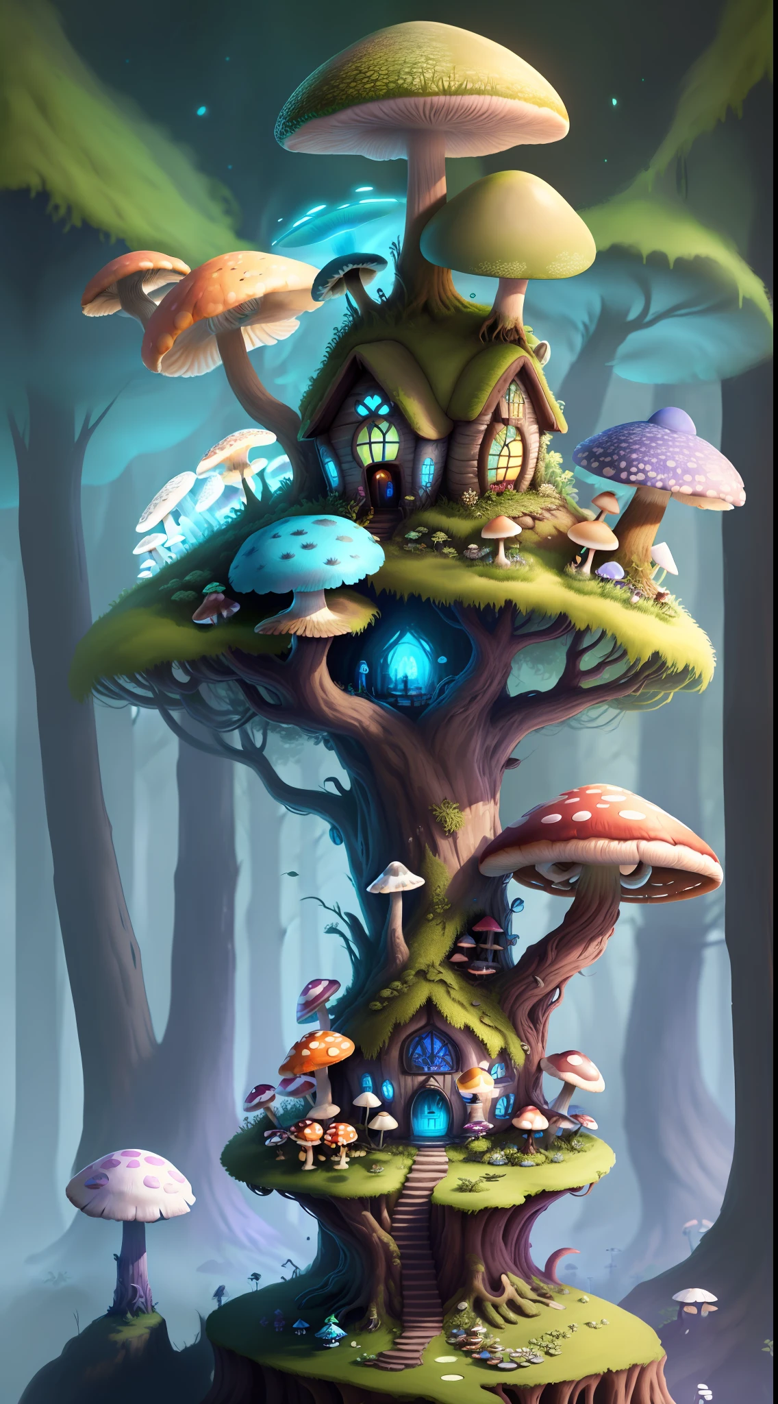 Close-up of a bunch of mushrooms in the forest, mushroom city, Mushroom forest, cyber mushroom city, mushroom house, forest made of mushrooms, mushroom trees, Stylized concept art, mushroom house, 3 d render stylized, Mushrooms are everywhere, Detailed digital 2D fantasy art, houses in the shape of mushrooms, magical fantasy 2 d concept art