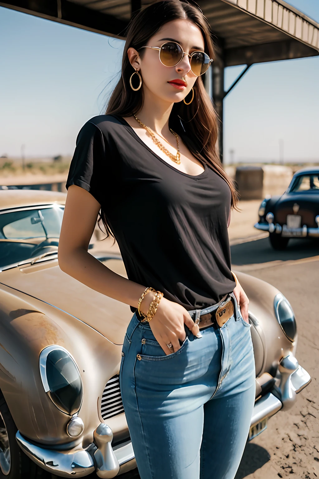 (RAW photo, realism: 1.8), (dark lip gloss, dull lipstick, many eyelashes, black eye shadow, shy, blushing, high quality, high resolution, depth of field, chromatic aberration, caustic, wide light, natural colors, 30 year old woman), in vintage dark sunglasses, thin gold chain, small earrings, gold bracelets, wear many accessories, large breasts, style a seriousness, ((Best Quality, 8k, Masterpiece:1.3)), Focus: 1.2, Perfect Body Beauty: 1.4, Arabian 30 years old woman: 1.2, (long weavy black hairs)), (Black baggy basic tee-shirt:1.1), Black Basic round neck full body length tee-shirt, Blue damage style skinny jeans, low rise jeans, long jeans: 1.1, Highly detailed face and skin texture, Detailed eyes, Double eyelids, toned body, Whitened skin, minor smile, large breasts, toned firm breasts, long heel's, standing at old gas station, perfect feet's, toned firm legs, whitened skin, detailed sharp eyes and face, middle eastern woman, full length baggy basic tee-shirt, Black plain Baggy Tee-shirt, toned hips, 8K UHD, thin gold chain in neck, model looks, wearing wrist watch, bracelet, bangle's open legs style Posing, daylight, dusty and sunny, standing at ruined city, dusty atmosphere, full body shot, heel's, sunlight raises on background, standing near old gas station with old vintage car ((Aston Martin DB5 1964)), eyes cover with dark sunglasses