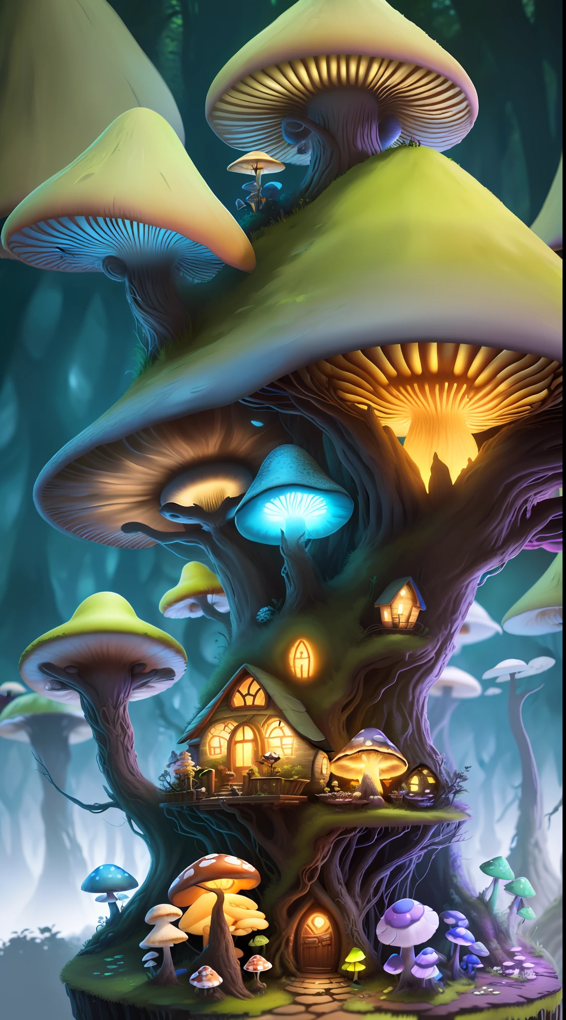 Close-up of a bunch of mushrooms in the forest, mushroom city, Mushroom forest, cyber mushroom city, mushroom house, forest made of mushrooms, mushroom trees, Stylized concept art, mushroom house, 3 d render stylized, Mushrooms are everywhere, Detailed digital 2D fantasy art, houses in the shape of mushrooms, magical fantasy 2 d concept art