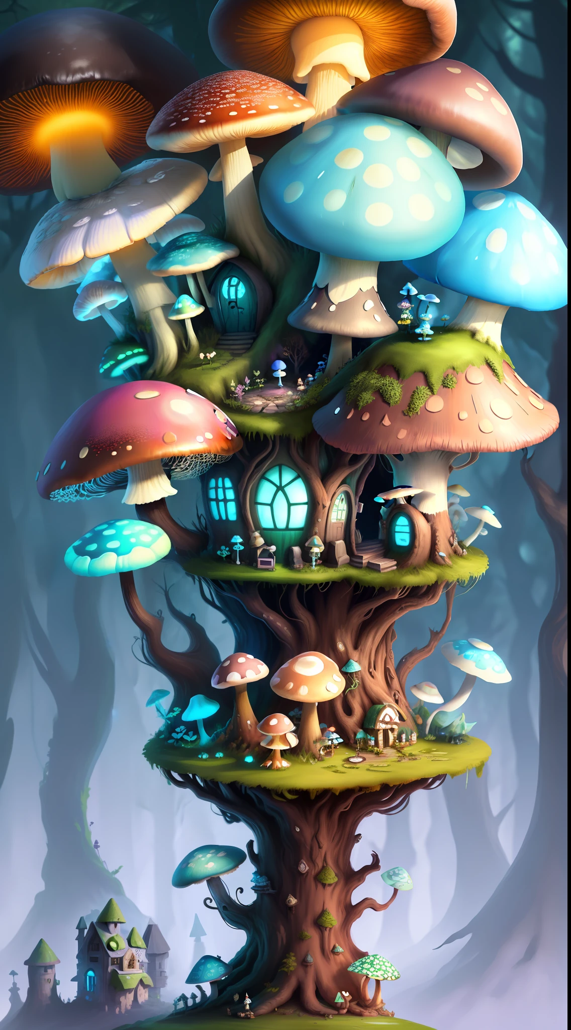 Close-up of a bunch of mushrooms in the forest, mushroom city, Mushroom forest, cyber mushroom city, mushroom house, forest made of mushrooms, mushroom trees, Stylized concept art, mushroom house, 3 d render stylized, Mushrooms are everywhere, Detailed digital 2D fantasy art, houses in the shape of mushrooms, magical fantasy 2 d concept art