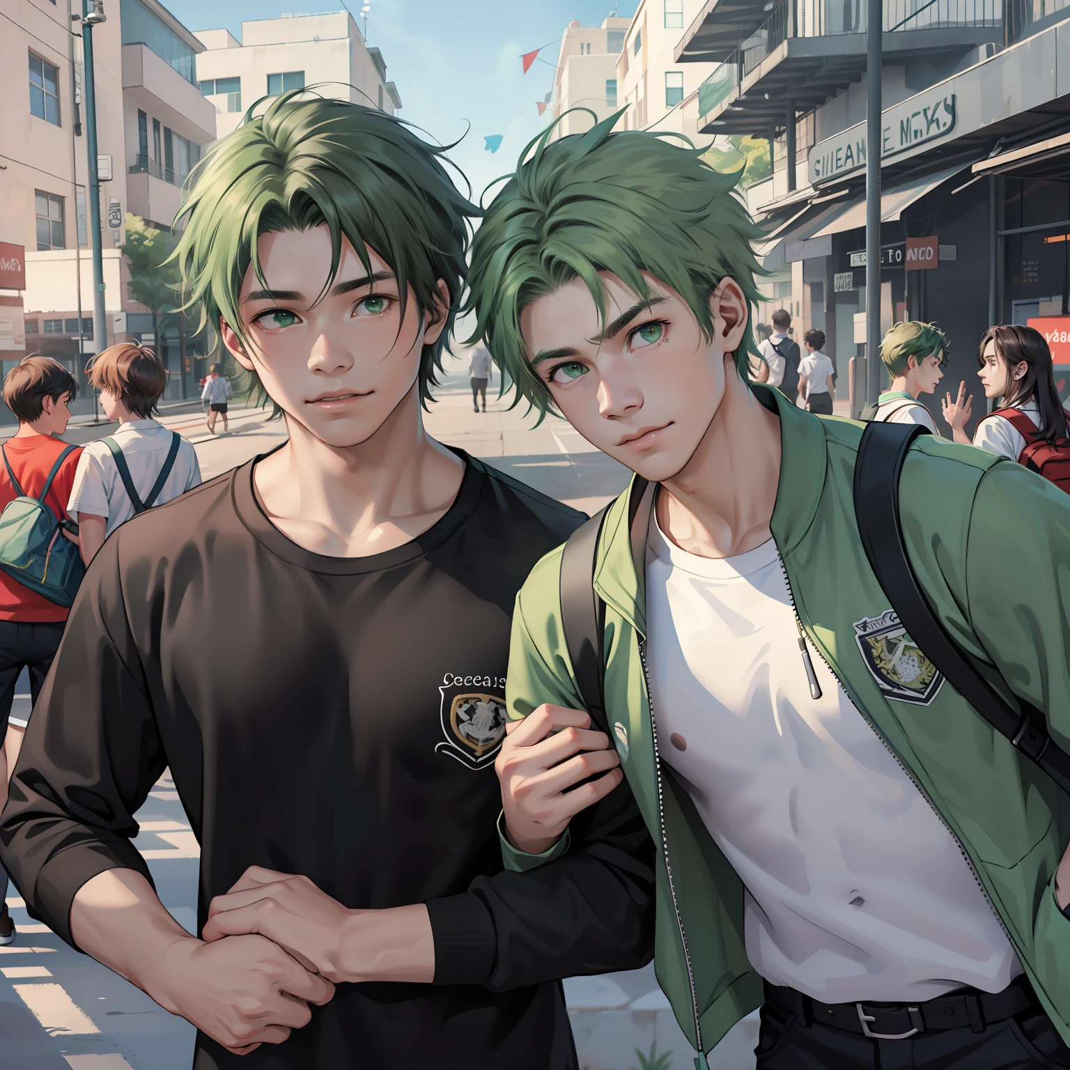 Two 15-year-old teenage friends with Latin skin and bright green hair light green eyes at school are talking about an important topic are friends almost like brothers.de fondo se ve una hermosa ciudad moderna y plateada......