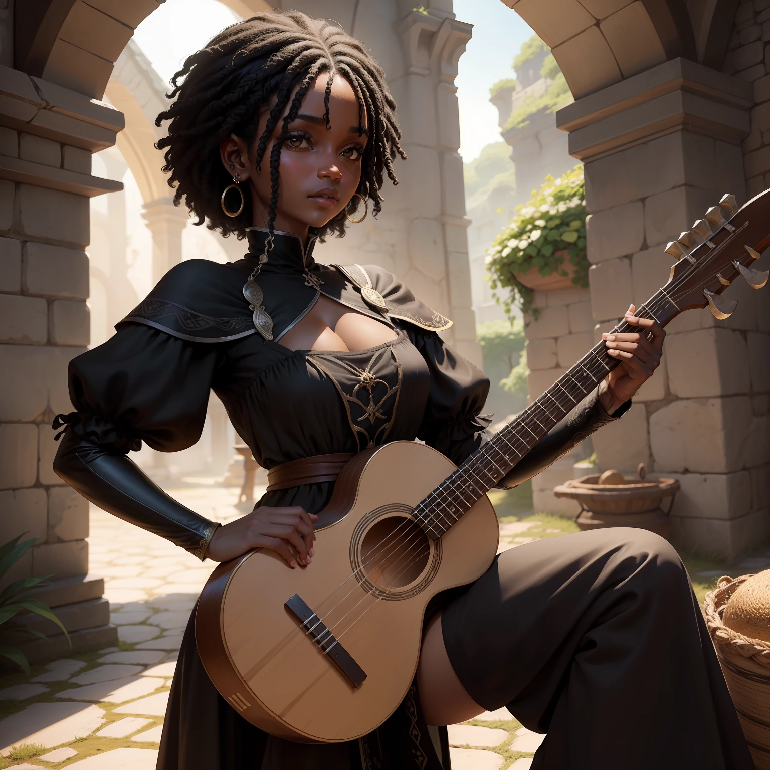 uma negra meio-elfo com cabelos grisalhos, vestindo roupas medievais azuis, with a lute on his back, art style labirinto do fauno