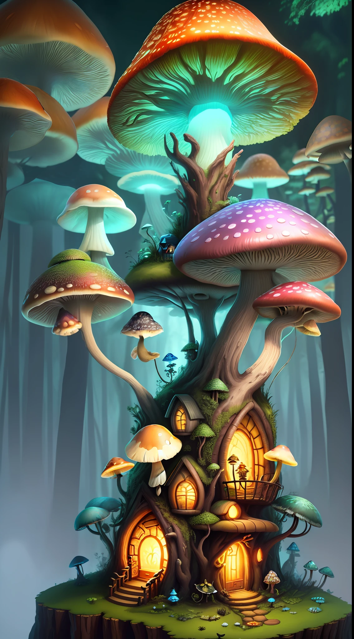 Close-up of a bunch of mushrooms in the forest, mushroom city, Mushroom forest, cyber mushroom city, mushroom house, forest made of mushrooms, mushroom trees, Stylized concept art, mushroom house, 3 d render stylized, Mushrooms are everywhere, Detailed digital 2D fantasy art, houses in the shape of mushrooms, magical fantasy 2 d concept art