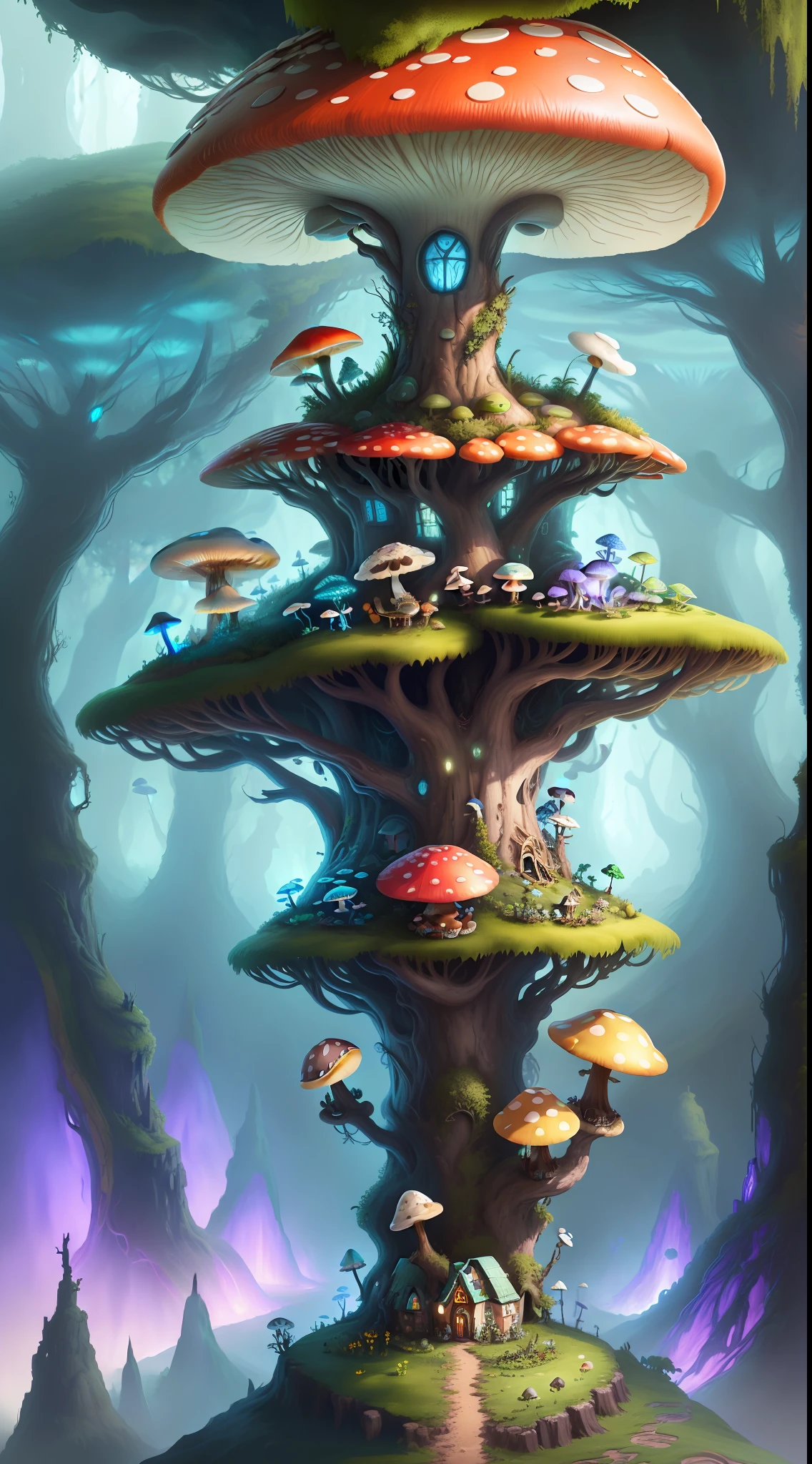 Close-up of a bunch of mushrooms in the forest, mushroom city, Mushroom forest, cyber mushroom city, mushroom house, forest made of mushrooms, mushroom trees, Stylized concept art, mushroom house, 3 d render stylized, Mushrooms are everywhere, Detailed digital 2D fantasy art, houses in the shape of mushrooms, magical fantasy 2 d concept art