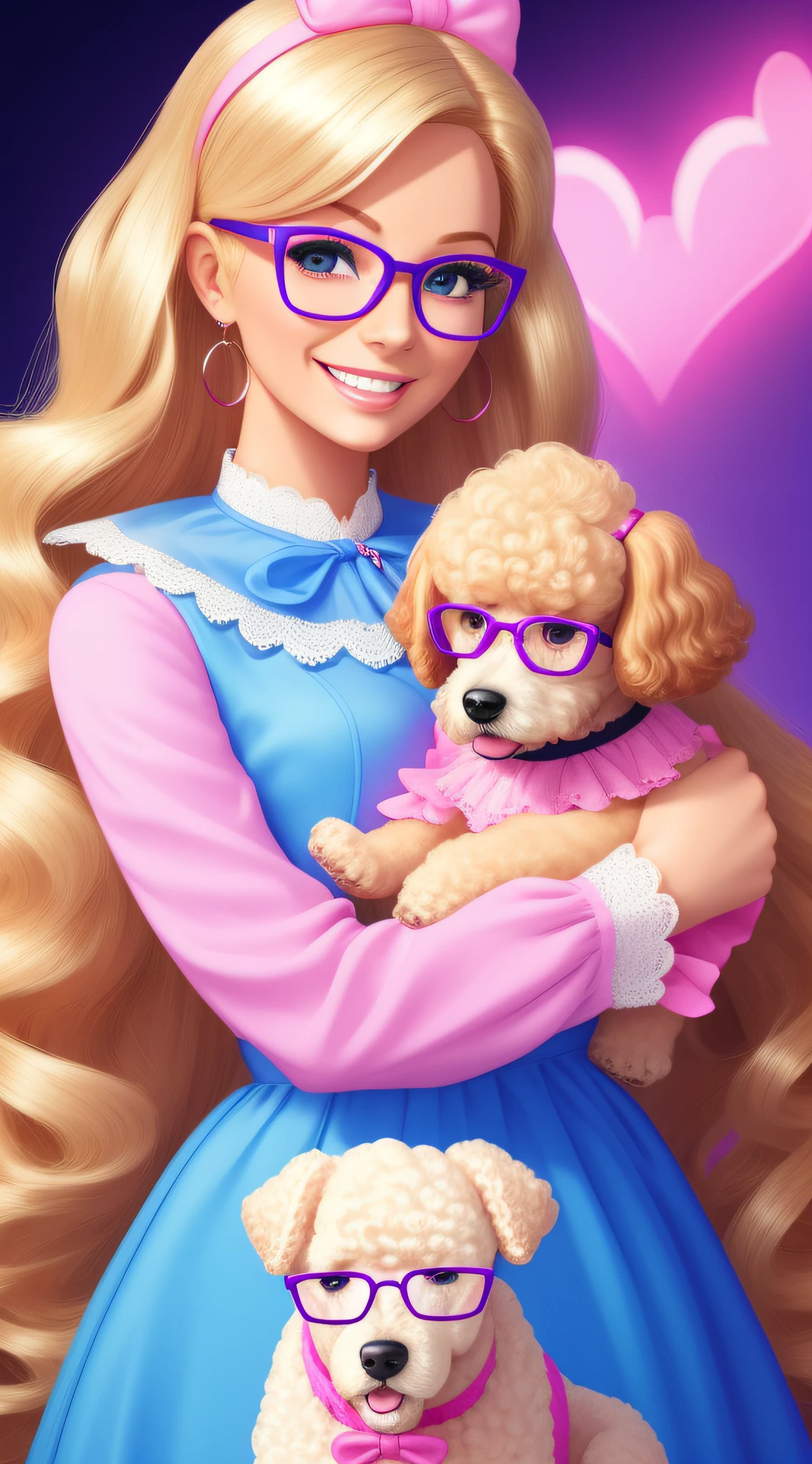 digital illustration, a happy woman with blond hair, glasses on her forehead, holding a poodle dog, dressed in pink, darkened, lit blue eyes, smiling, open framing, full body. barbie style, details on clothes. angelic beauty.