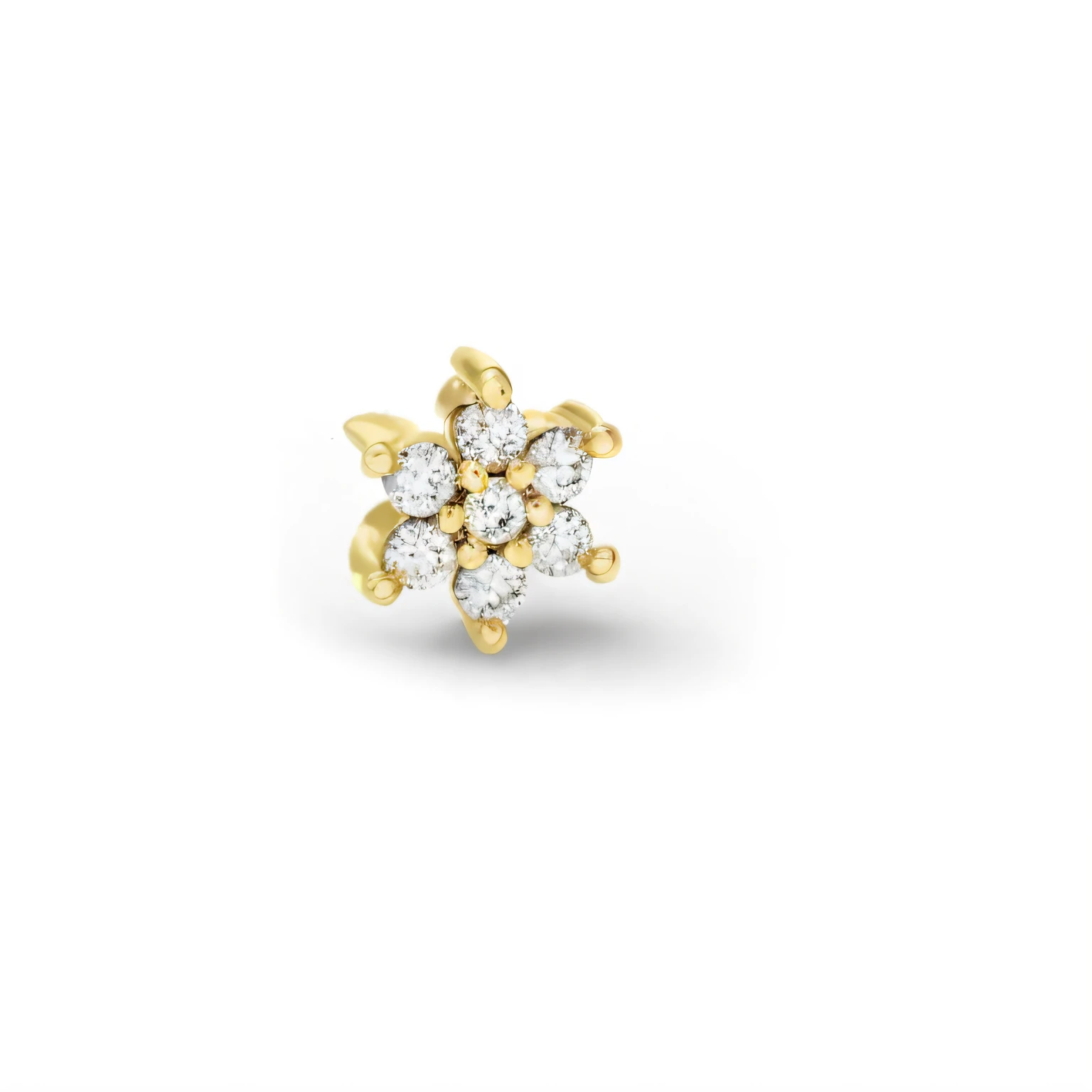 A closeup of a single diamond flower earring, 4 0 9 6, flor, vista trimestral, umbigo, 9k, 9 mil, pequenos brincos cravejados, 8 K H 1 0 2 4, 360, 5 7 9, com pedras preciosas cintilantes no topo, # 2, 2, 3, 3 e 6, 8K H 768, 1 6 mil