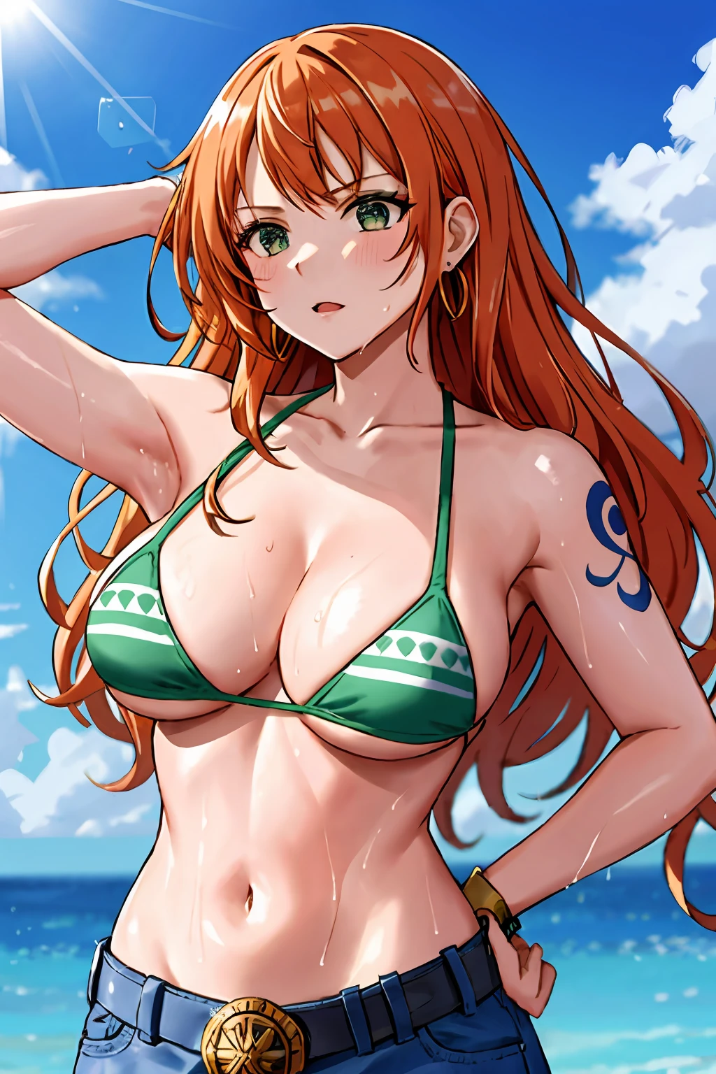 detailed background, masterpiece, 4k, epic, best quality, late youth, adult, wrestler body, strong, 1girl, active, energic, (large mouth) , solo, nami \(one piece\), 1girl, bangle, (very wet, drenched in sweat, sweat all over body, very wet hair, tired, open mouth, exhausted, shouting, sweaty face, sweaty body, sweating too much, shiny sweat, leaning, hands on hips, serious, glaring, open eyes, perfect detailed face, round face, sweat on face) bold drawing lines, muscular arms, detailed bold arm lines, flat jaw, adult woman, wavy wide streaked bangs, floating bang, (big cheeks), bare shoulders, off-shoulders, belt, bikini, bikini top only, blue sky, bracelet, springy breasts, breast lines, big round eyes, very big brown shiny eyes, bubbles, high eye position, cleavage, cloud, day, denim, earrings, floating hair, shiny hair, green belt, green bikini, bold groin lines, jeans, jewelry, medium breasts, log pose, long hair, looking at viewer, big navel, wet hair, orange hair, pants, shoulder tattoo, sidelocks, sky, solo, standing, stomach, swimsuit, tattoo , looking at viewer, open mouth, detailed left arm, big forehead, hourglass figure, small head, toned body, wide hair, wind effect, sun effect, under the sun, narrow small ears angle, older, random poses,