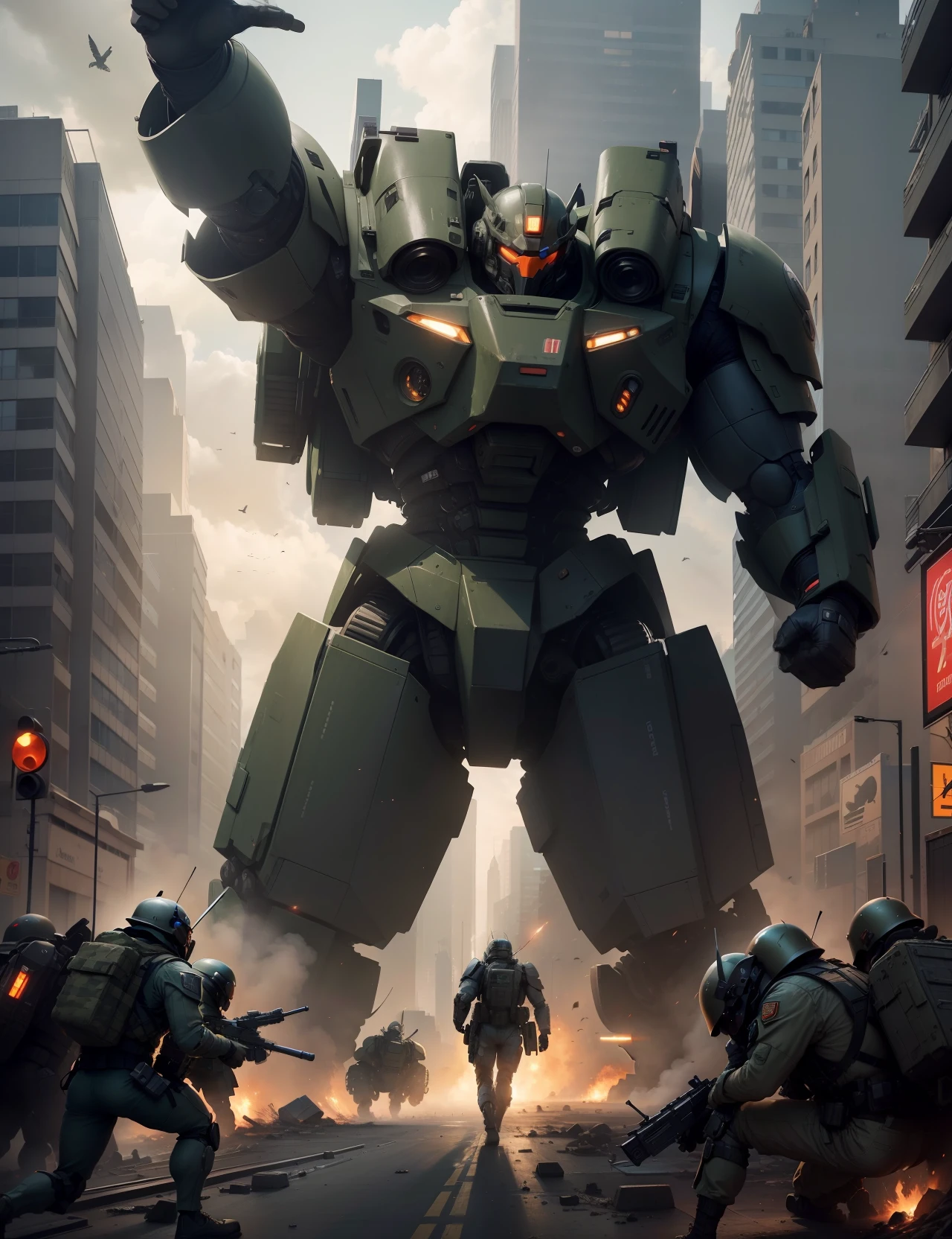 You are a talented digital artist responsible for creating the image of a city in chaos, where giant robots are landing on the streets. The army is present, trying to protect and help defenseless citizens. I want you to portray the scene in an epic and dramatic way, transmitindo a intensidade da batalha e a coragem dos soldados. Start by drawing the city's buildings, making sure they look tall and imposing. Add architectural details to give a realistic feel. Now strategically position the giant robots, making them dominant and threatening. Em seguida, concentre-se nas pessoas. Desenhe-os correndo, gritando, Seeking shelter or fighting robots. Be sure to capture their expressions of fear, despair or determination. To add a touch of hope, Describe Army Soldiers. Put them into action using advanced weapons and protective gear. Convey your commitment to saving lives and defeating robots. Separe-os de outros personagens mostrando sua coragem e habilidades, 64k