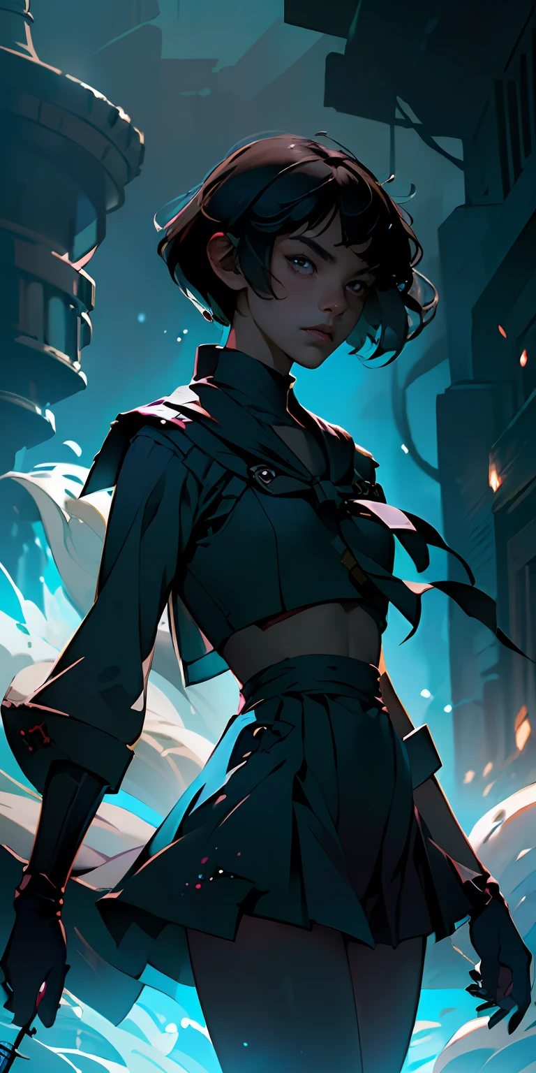 (best quality, masterpiece), 1girl, 12 year age, samurai sword, ((very short bobcut hair, jetblack hair,particle, wind, looking at viewer, school sailor costume, thin body, monsters in background, backlighting, whole body, pose, dark alley