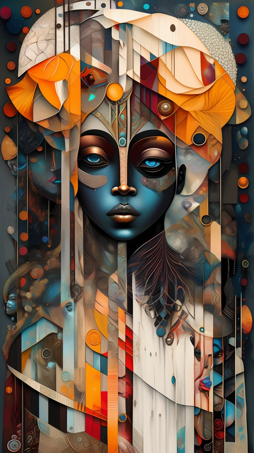 a painting of a woman with a blue face and a colorful head, afrofuturism, afrofuturism style, afrofuturist, elaborate digital art, black art, afro futurism, intricate face, intricate beautiful faces, african arts, afrocentric mysticism, beautiful intricate face, afro - futurist style, stunning artwork, gorgeous art, abstract portrait, intricate detailed face, intricate oil painting artwork