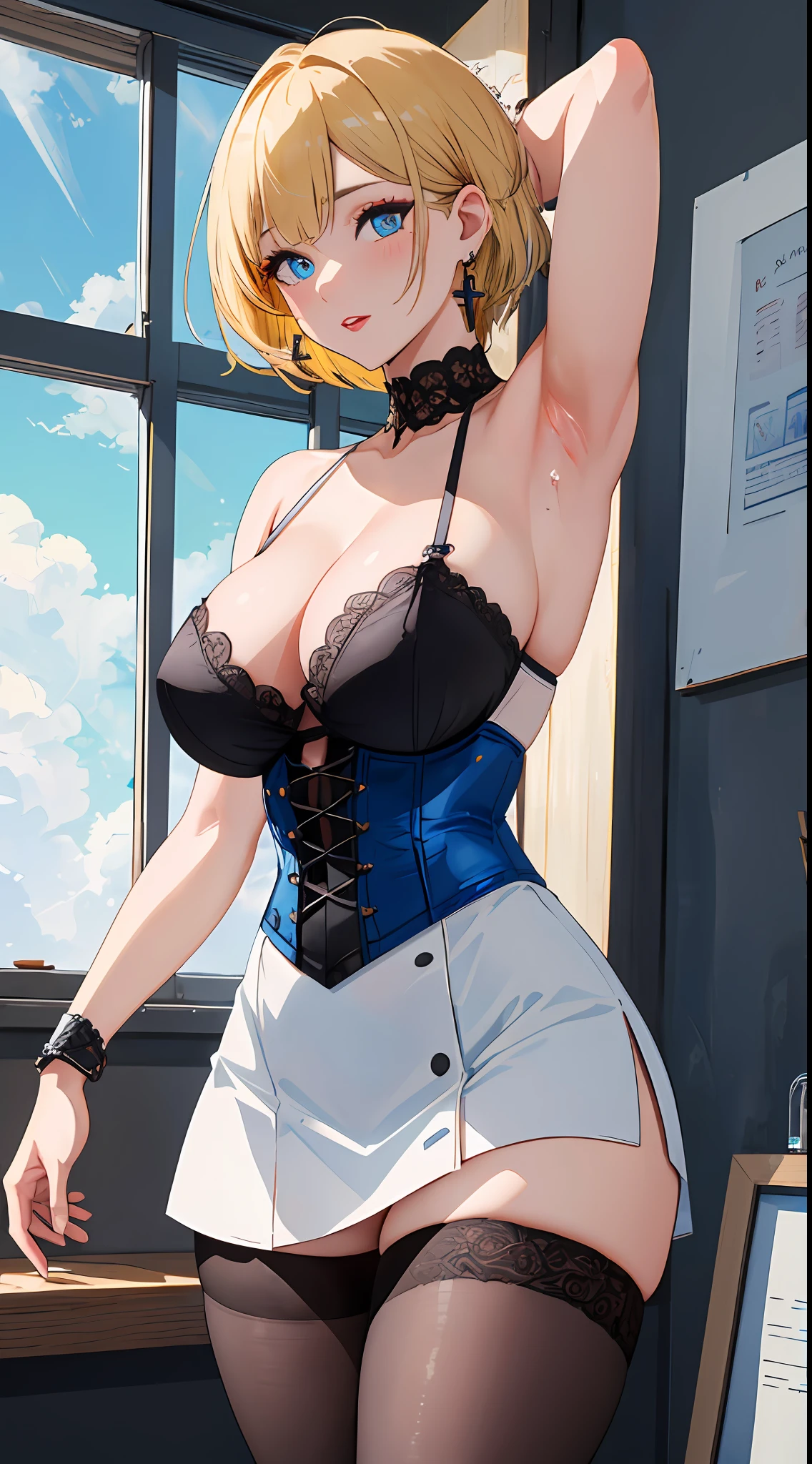 (masterpiece, best quality:1.4), colorful, vibrant image, sharp focus, highly detailed, intricate, ultra detailed drawing, digital art, HDR, 8K, Kitami Reika is standing with hands behind head and exposed armpits, armpits focus, medical room, summer afternoon complex blackground, near window with blue sky, (tricky glance:1.1), looking at viewer, (cowboy shot:1.05), blonde hair, short hair, lipstick, makeup, black eyeshadow, smokey eyes, detailed hair, ultra detailed face, blue eyes, perfect eyes, perfect face, jewelry, cross earrings, blush, black corset mini dress, skirt, bare shoulders, black thighhighs, undressing lab coat, mature female, 18yo, curvy, (Large Breasts:1.2), cleavage,