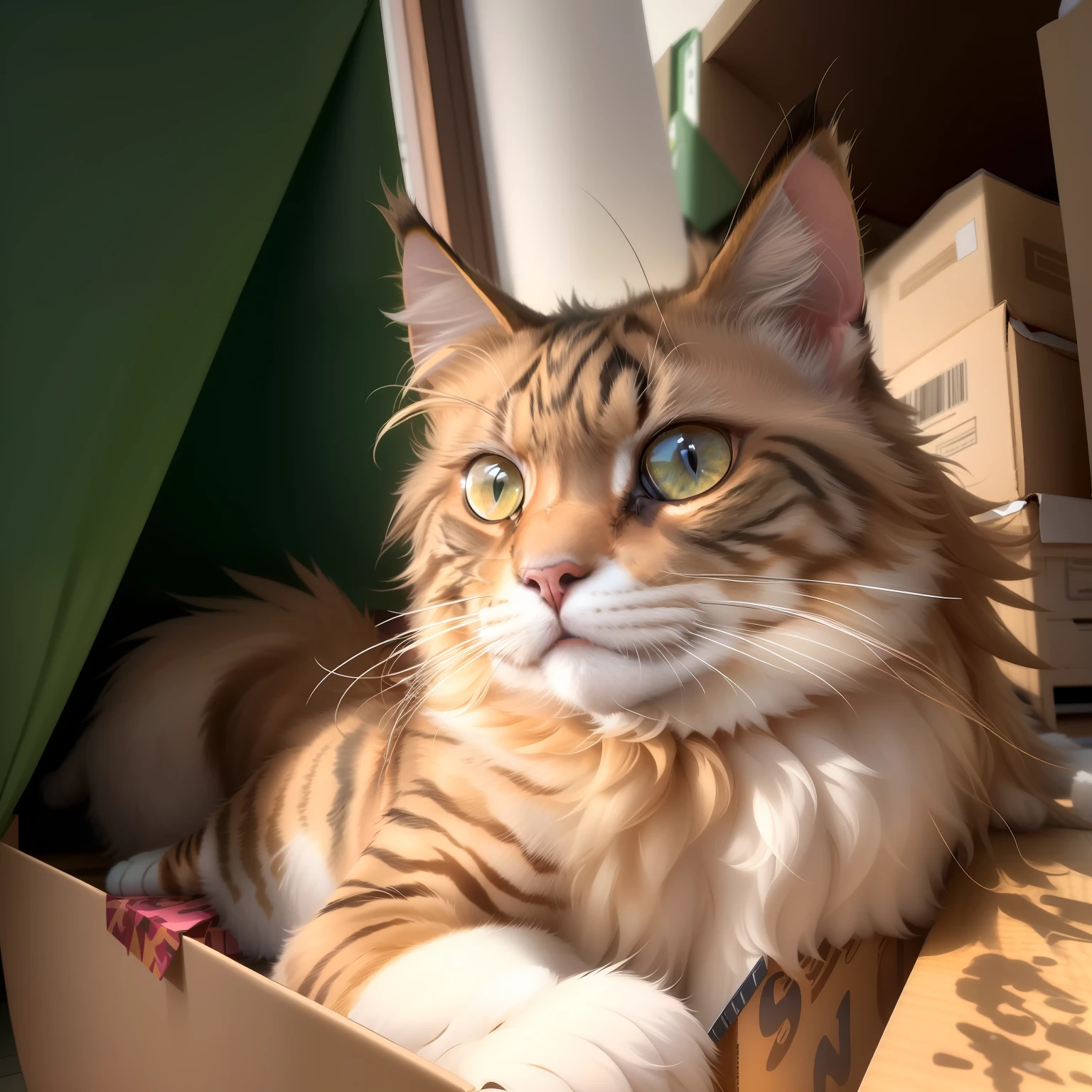 there is a cat that is sitting in a box on the floor, anthropomorphic large maine coon, looking confused, doing a hot majestic pose, it has a piercing gaze, looking straight to the camera, staring into the camera, sexy gaze, looking to the camera, doing a majestic pose, looking towards the camera, looking the camera