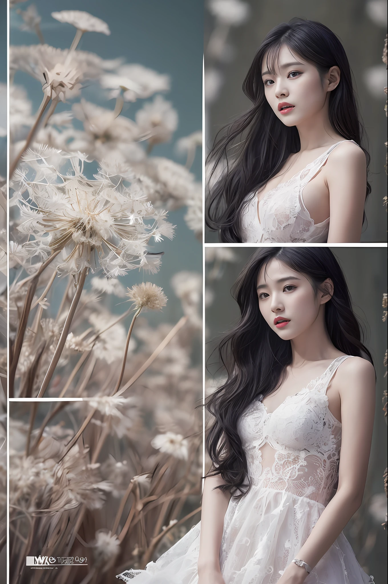 (Highly detailed body,Highly detailed face,Best quality at best:1.2) ,A woman who is,(Dandelions flutter in the wind in the background),a Korean girl,HD photo effects,Artistic photos,lacy white dress,Long black hair,Long hair to the waist,beautiful face,No bra。
