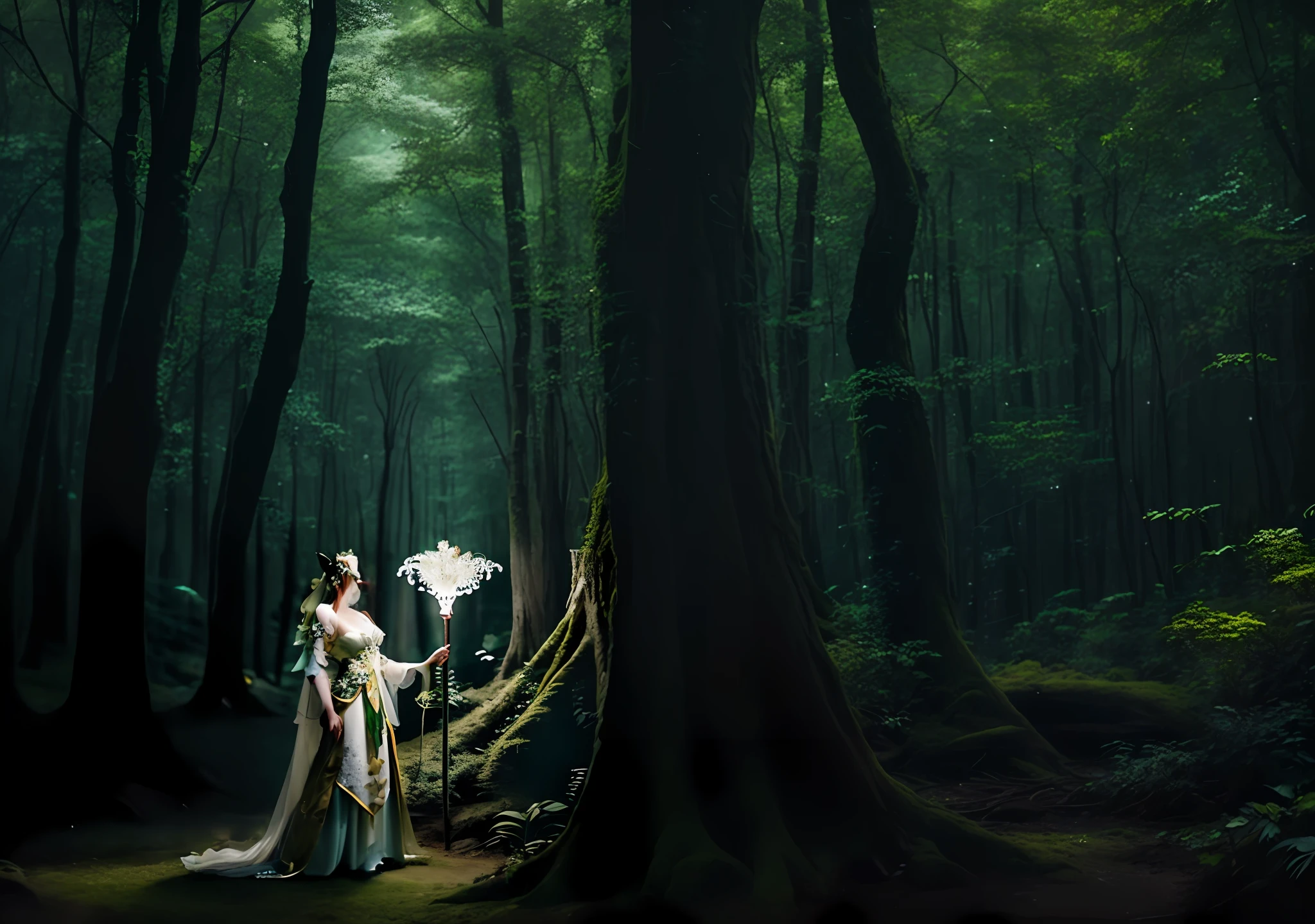 Mulher em um vestido branco segurando um guarda-chuva branco em uma floresta, Deusa da Floresta, fey queen of the summer forest, fantasy photoshoot, Rainha da Floresta, Foto do personagem de fantasia, figurino intrincado, filme de fantasia ainda, fada da floresta, floresta fae, Ethereal Fantasy, Rainha Fada, rainha elfa, uma rainha elfa, Elven Princess, Jingna Zhang