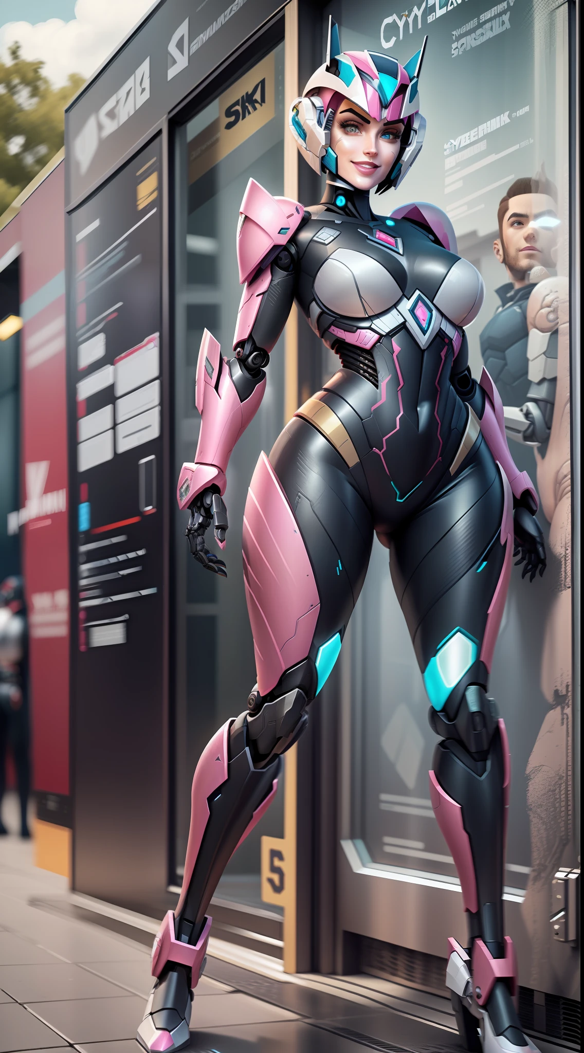 (full body), (alone), Ultra alta qualidade, maximum definition, 8k, Arcee (Transformadores: War for Cybertron), (identical to the series), (head identical to cartoon), (cyborg), totalmente humanizado, human skin, Rosto detalhado, Olhos detalhados, robotic body, Human-robot transition, robotic and human, (Synthetic skin), quadris largos, coxas grossas, sexy, fazendo pose, sorriso malicioso