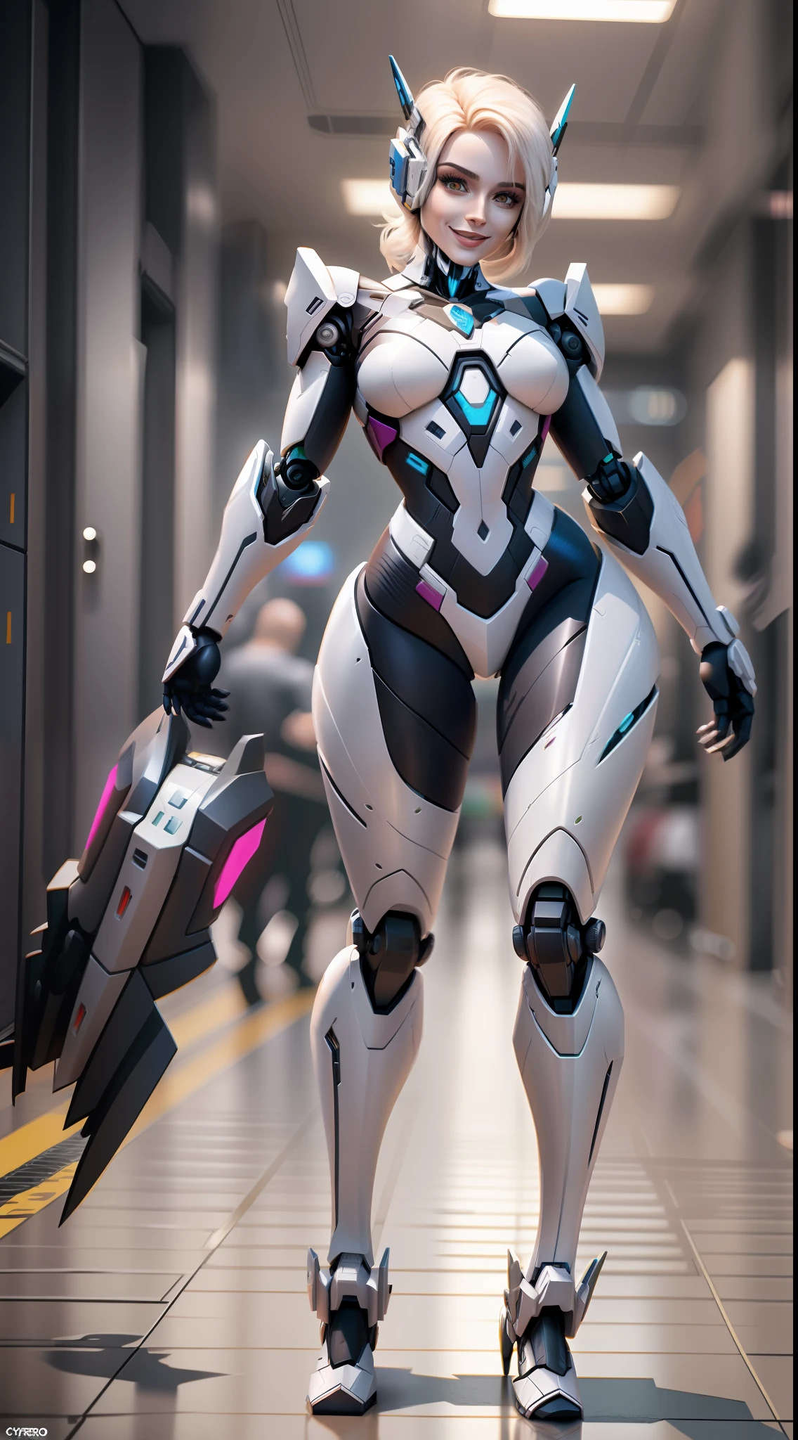 (full body), (alone), Ultra alta qualidade, maximum definition, 8k, Arcee (Transformadores: War for Cybertron), (identical to the series), (head identical to cartoon), (cyborg), totalmente humanizado, human skin, Rosto detalhado, Olhos detalhados, robotic body, Human-robot transition, robotic and human, (Synthetic skin), quadris largos, coxas grossas, sexy, fazendo pose, sorriso malicioso