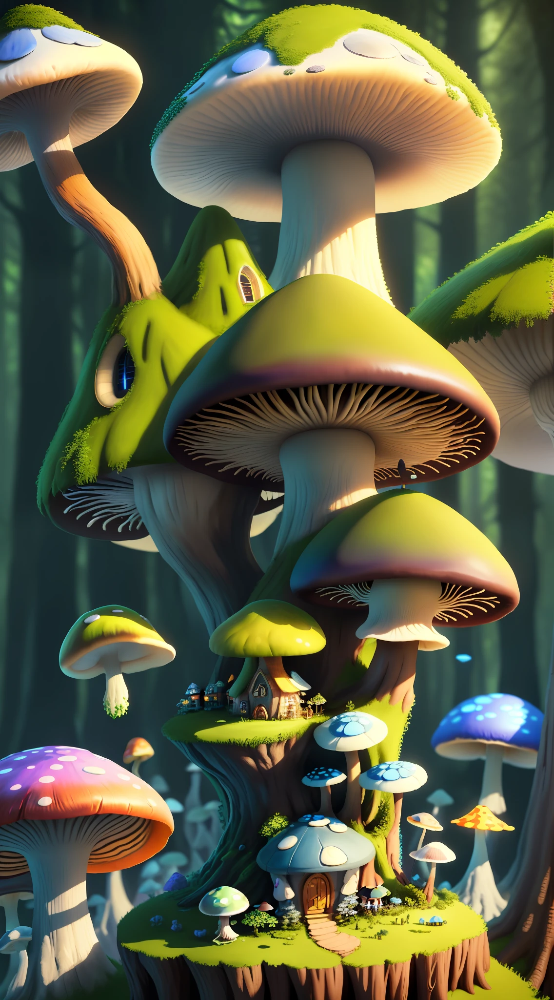 Close-up of a bunch of mushrooms in the forest, mushroom city, Mushroom forest, cyber mushroom city, mushroom house, forest made of mushrooms, mushroom trees, Stylized concept art, mushroom house, 3 d render stylized, Mushrooms are everywhere, Detailed digital 2D fantasy art, houses in the shape of mushrooms, magical fantasy 2 d concept art