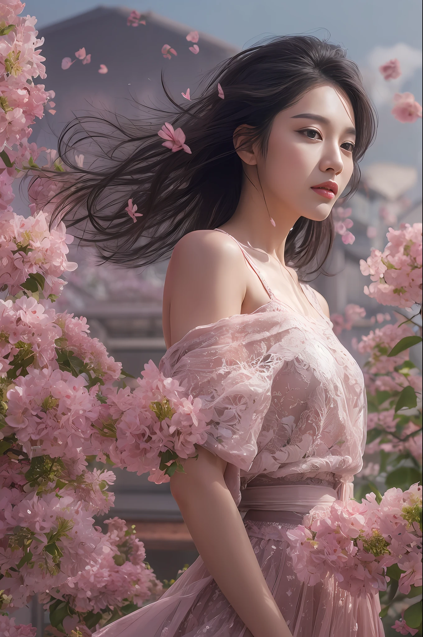 (Highly detailed body,Highly detailed face,Best quality at best:1.2) ,A woman who is,(Wearing lace pink bougainvillea in the background is chaotic:1.4)Dandelions flutter in the wind,a Korean girl,HD photo effects,Artistic photos,The white skirt flutters in the wind,ccurateblack hair,beautiful face
